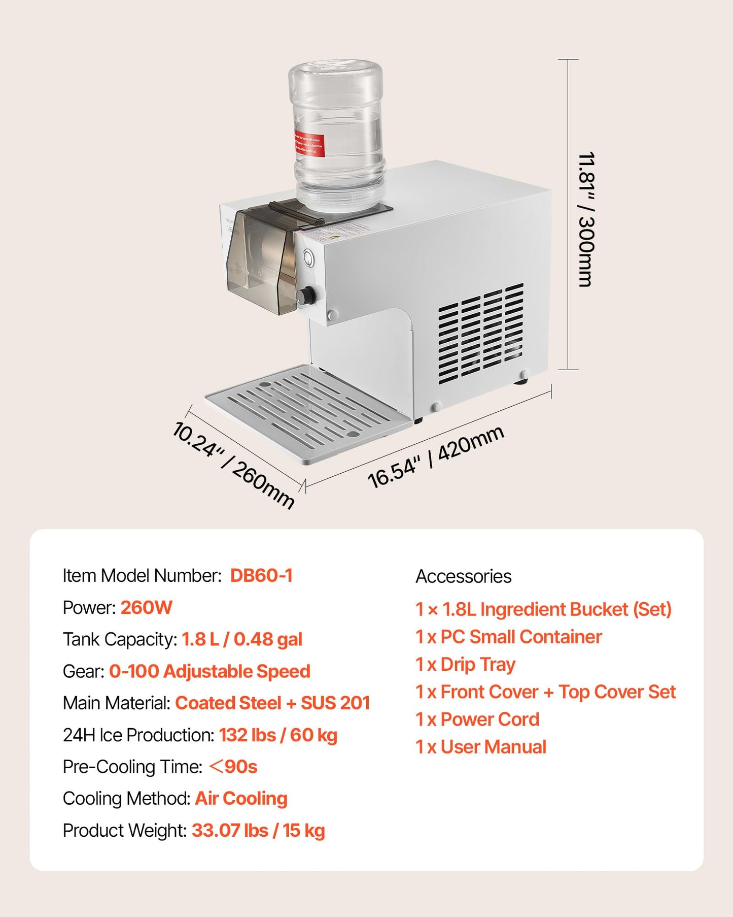 VEVOR Snowflake Ice Machine, 132LBS/24H Snowflake Ice Maker, Ice-Shaver Machine with Stainless Steel Blade, Electric Snow Cone Maker with 0.48Gal Tank, 90S Fast Pre-Cooling, for Home & Small Gathering