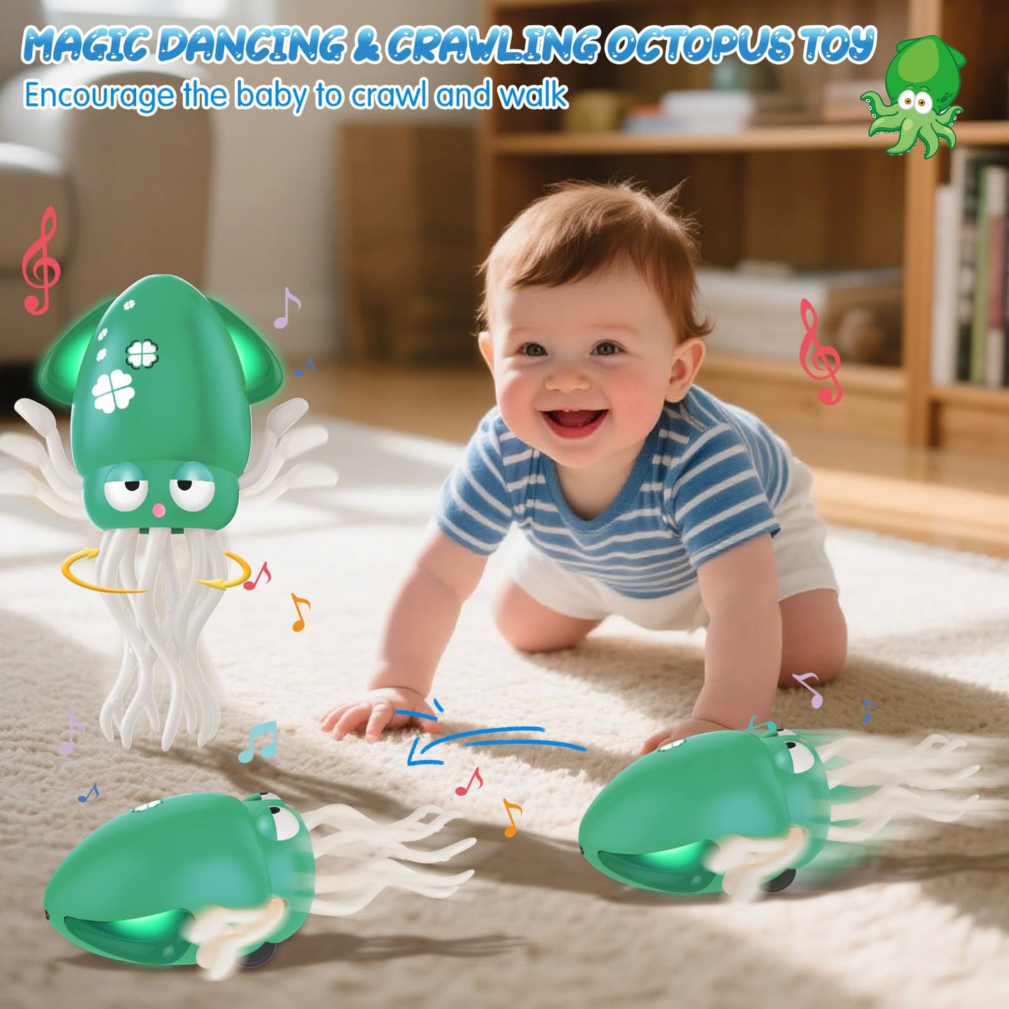 AOTIBO Baby Dancing Octopus Toy for 1 2 3 4 5 Year Old Boy Girl, Baby Tummy Time Electric Crawling Octopus Toys 12-18 Months, Dancing Squid Toy for Walking Toddlers, Kids 1st Birthday Gifts, Green