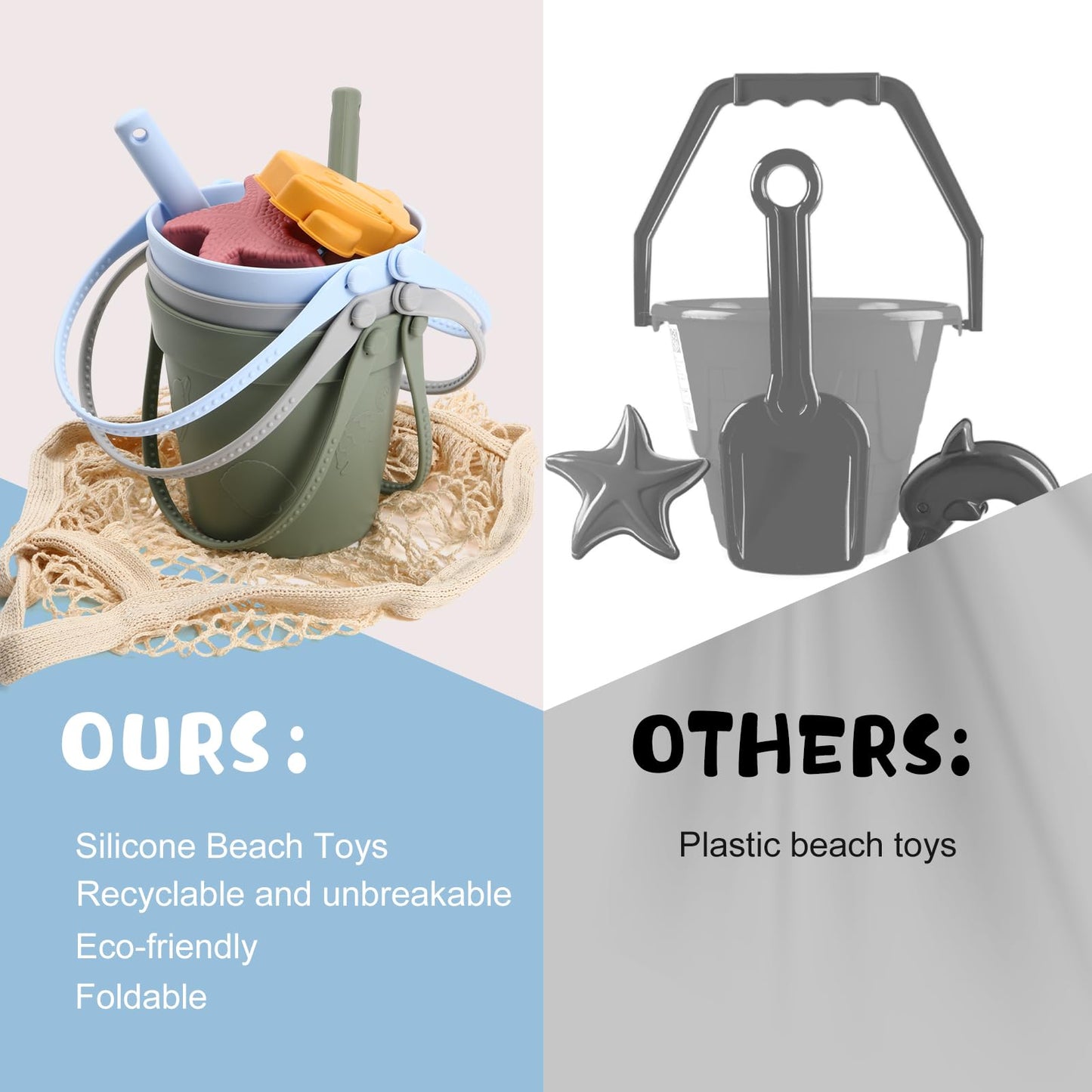 Hungdao 13 Pcs Silicone Beach Toys Travel Beach Set Sand Toys Including 3 Silicone Buckets 3 Shovels 6 Sea Creature Sand Molds 1 Bag for Kids Boys Girls Summer Pool Outdoor Bath(Green Gray Blue)