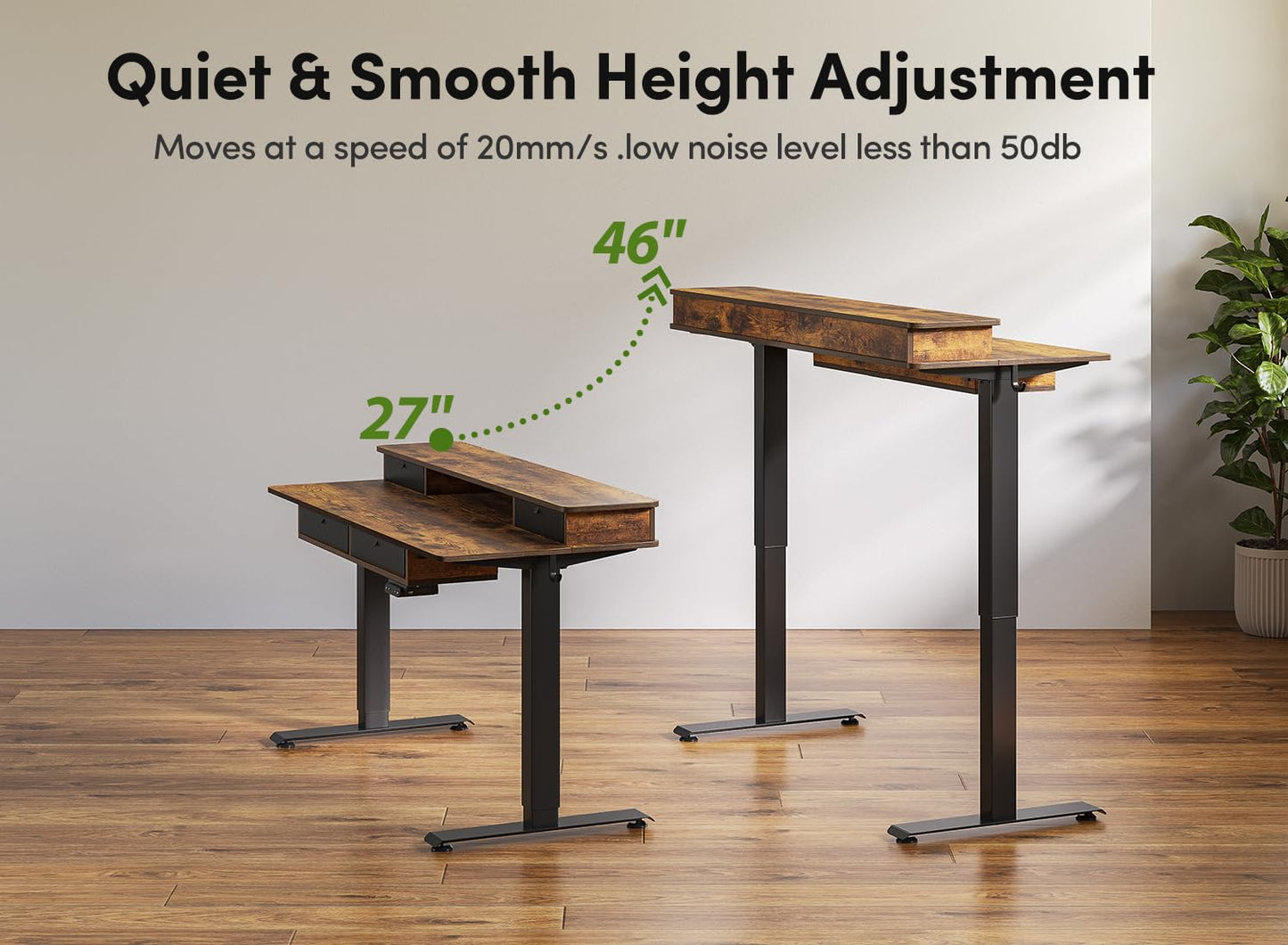 BANTI Height Adjustable Electric Standing Desk with 4 Drawers, 48 x 24 Inch Table with Storage Shelf, Sit Stand Desk, Rustic Brown Top