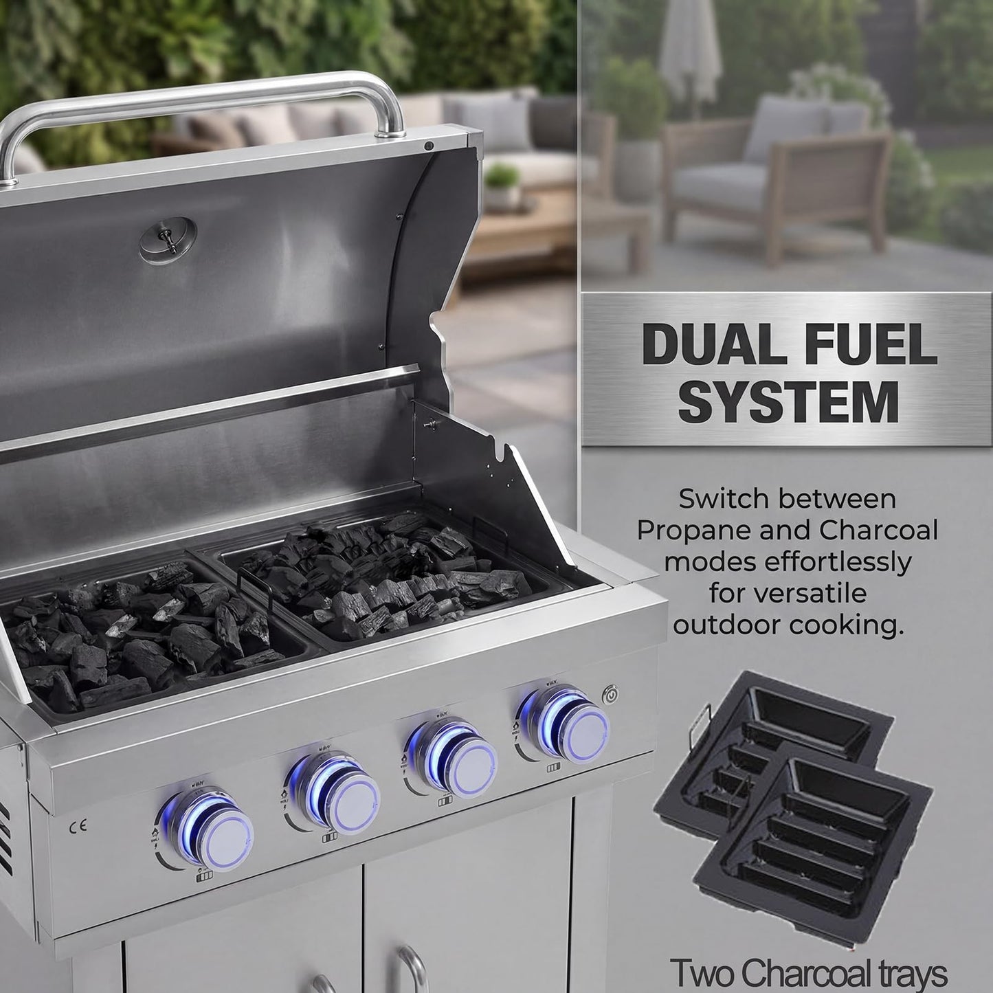 28In Outdoor Built in Grills, Large Charcoal & 4 Burner Propane Gas Dual Combo Grills 48,400 BTU, with Rear Burner & Rain Cover Stainless Steel BBQ Grill for Outdoor Kitchen Island Family Cooking