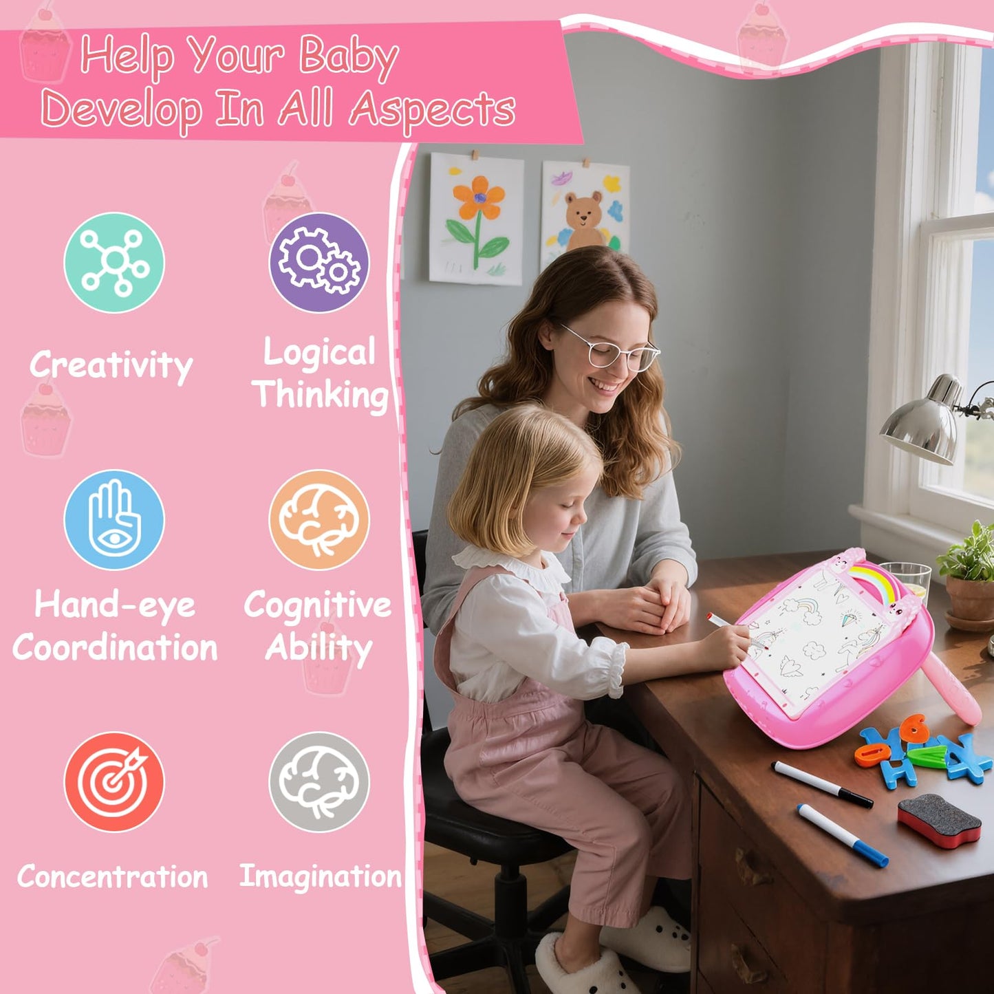 Unicorn Gift for 1-2 Years Old Girl, Girl Toys with Magnetic Letters and Numbers, Portable Doodle Board Easel, Learning and Educational Toy for 1-2 Years Old Girls (Pink)