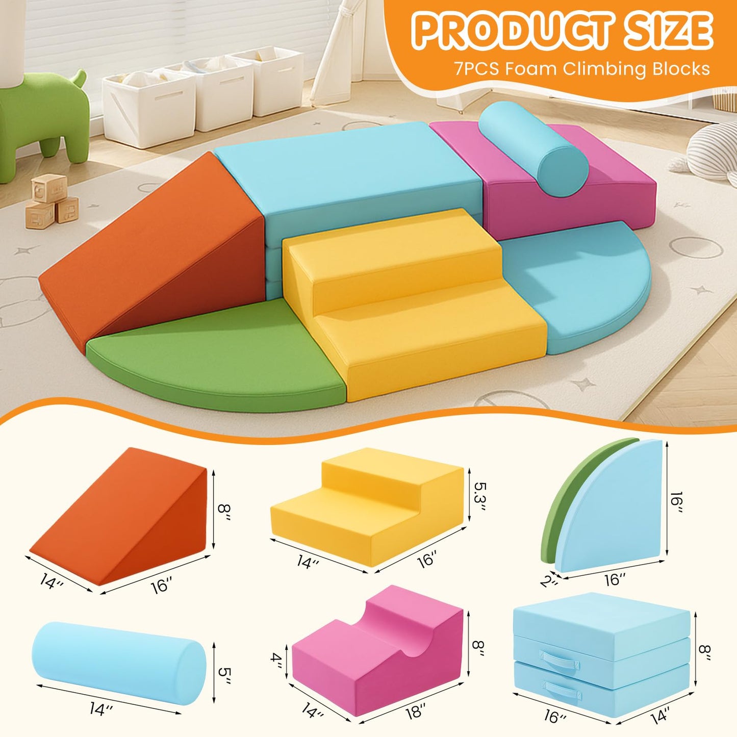 7PCS Climbing Toys for Toddlers 1-3 Inside, Foam Baby Climbing Blocks Soft Play Set for Toddlers 1-3, Corner Toddler Climbing Toys Indoor Baby Climbing Gym for Toddler Climbing Crawling and Sliding