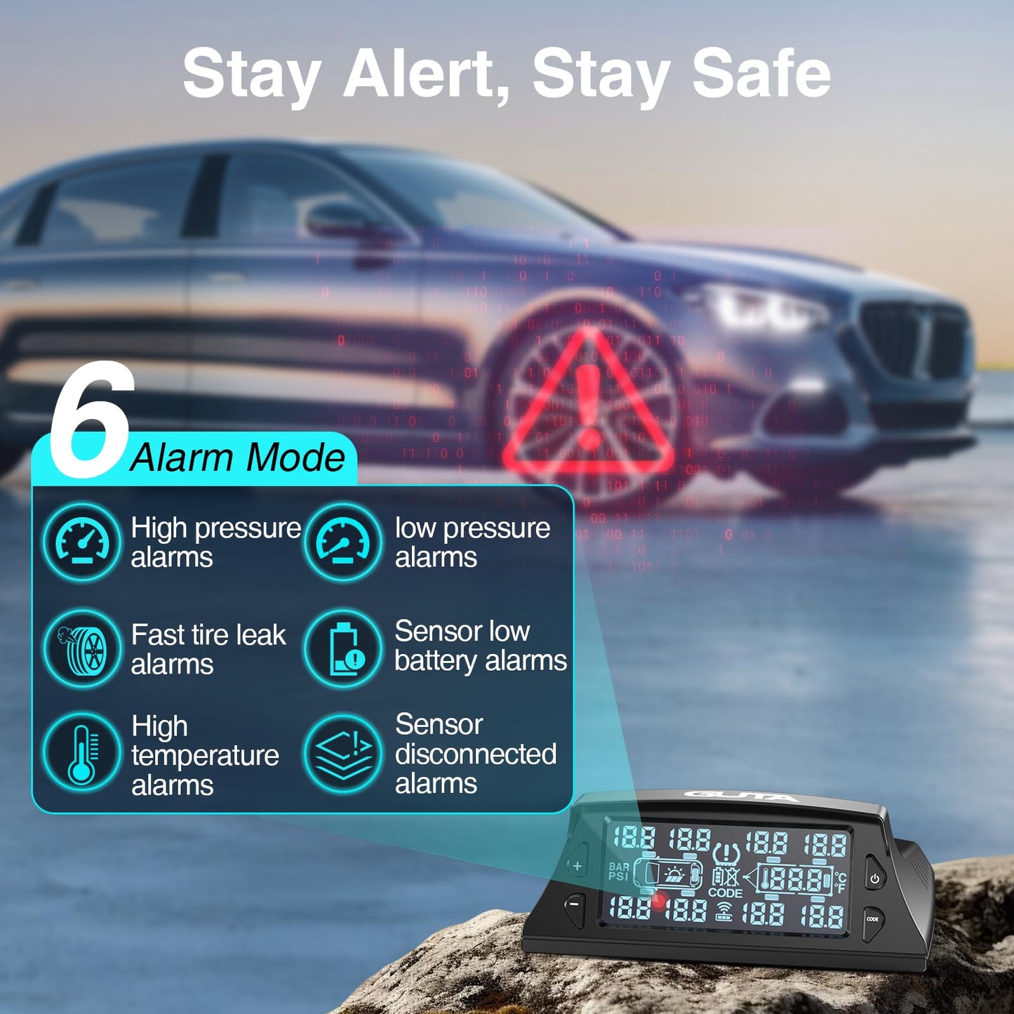 GUTA RV Tire Pressure Monitoring System, RV TPMS with 4 Sensors (0-188 PSI), Solar Charging, 6 Alarm Modes, Auto Sleep Mode, LCD Display, Tire Pressure Monitor System for RV/Trailer/SemiTruck
