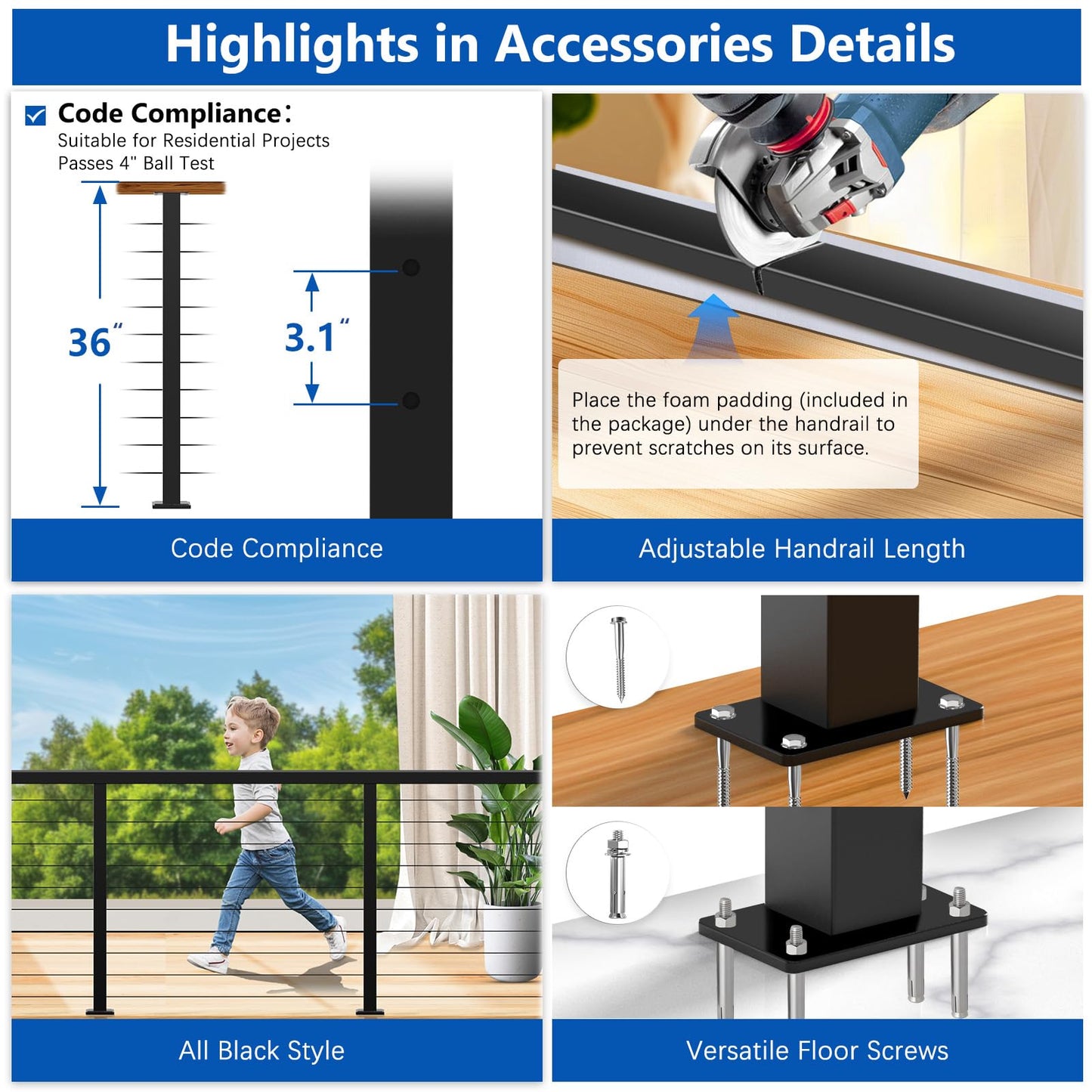 Zylorix 8ft-12ft Complete Set Cable Railing System 36" with Cuttable Handrail DIY Cable Rail, Black T304 Stainless Steel Cable Railing Posts Kit, One-Stop Easier for DIY for Indoor Outdoor Level Decks