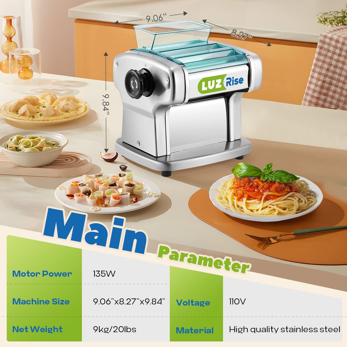 Luzrise Electric Pasta Maker Automatic Noodle Machine Fresh Pasta Dough Roller Stainless Steel(2 Blades for 2.5mm Round&4mm Flat Noodle,9 Thickness Settings 0.5mm-5mm,Family Use, Output 10LBS/H,135W)