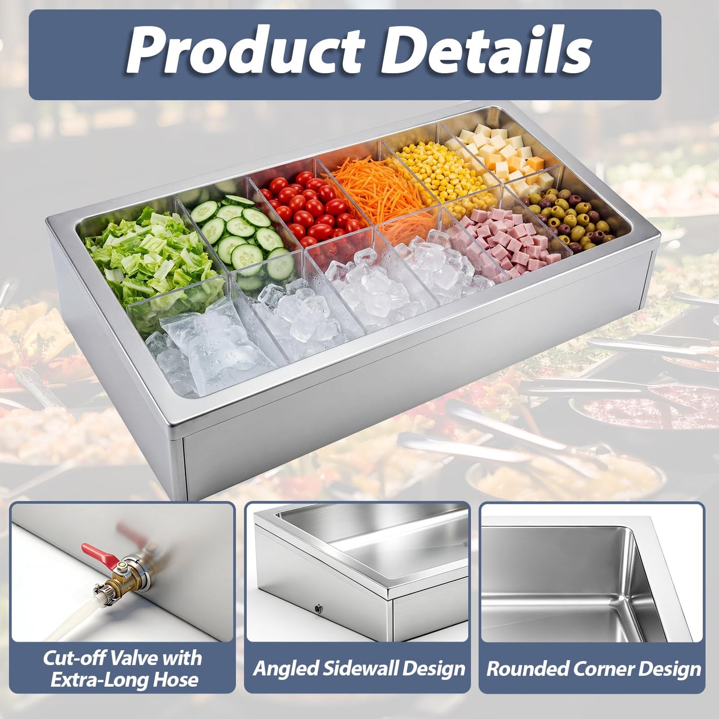 Otoolling Large Ice Food Buffet Server, 48" L x 24" w x 8" h Cold Commercial Stainless Steel Buffet Tray with Cooling, Insulated Chilled Serving Tray for Food, Seafood, Fruit Display