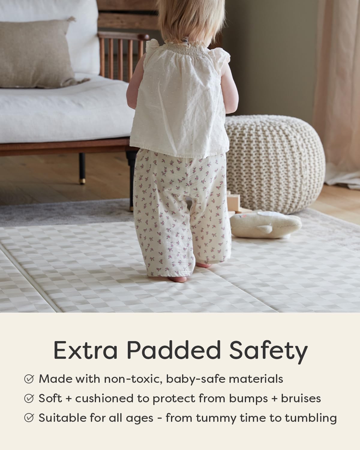House of Noa Foldable Baby Tumbling Mat – Padded Baby Play Mat for Floor | Memory FoamnMat for Baby | Foldable Kids Play Mat Durable, Stylish, and Cushioned Design | 4'x6' | Checker Almond