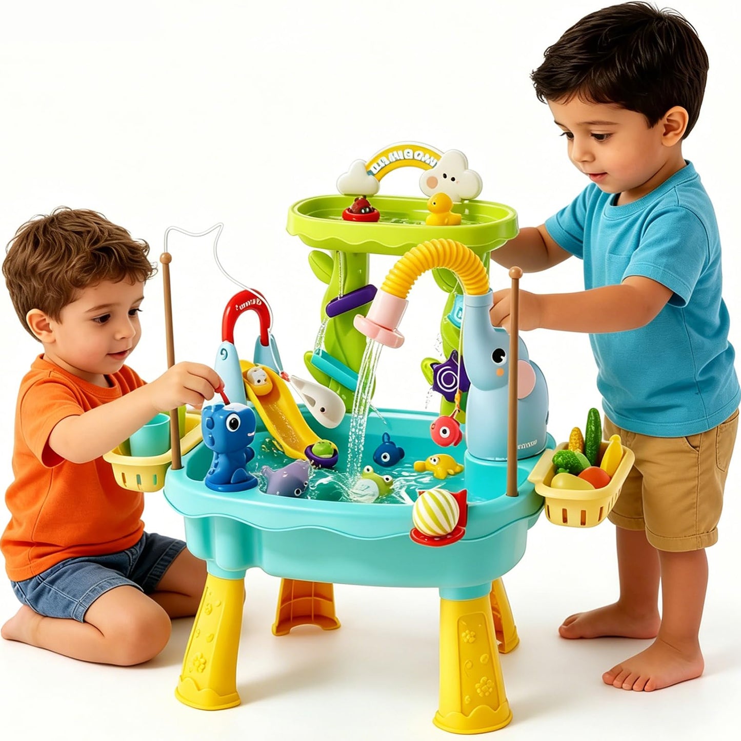 NOPROB 2027 Upgraded Toddlers 1-3 Sand Water Table Toy with Electric Pump, Kids Sand Water with Faucet/Play Food Accessories/Fishing Toy, Kitchen Play Sink Toys for Girl Boy Age 3+ (Blue)