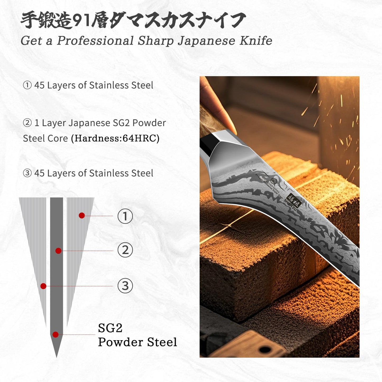 SHAN ZU Damascus Fillet Knife, SG2 Powder Steel Japanese Kitchen Knife, 7 inch Hand Forged 91 Layers Damascus Steel Ultra Sharp Knife with Ergonomic Maple Handle
