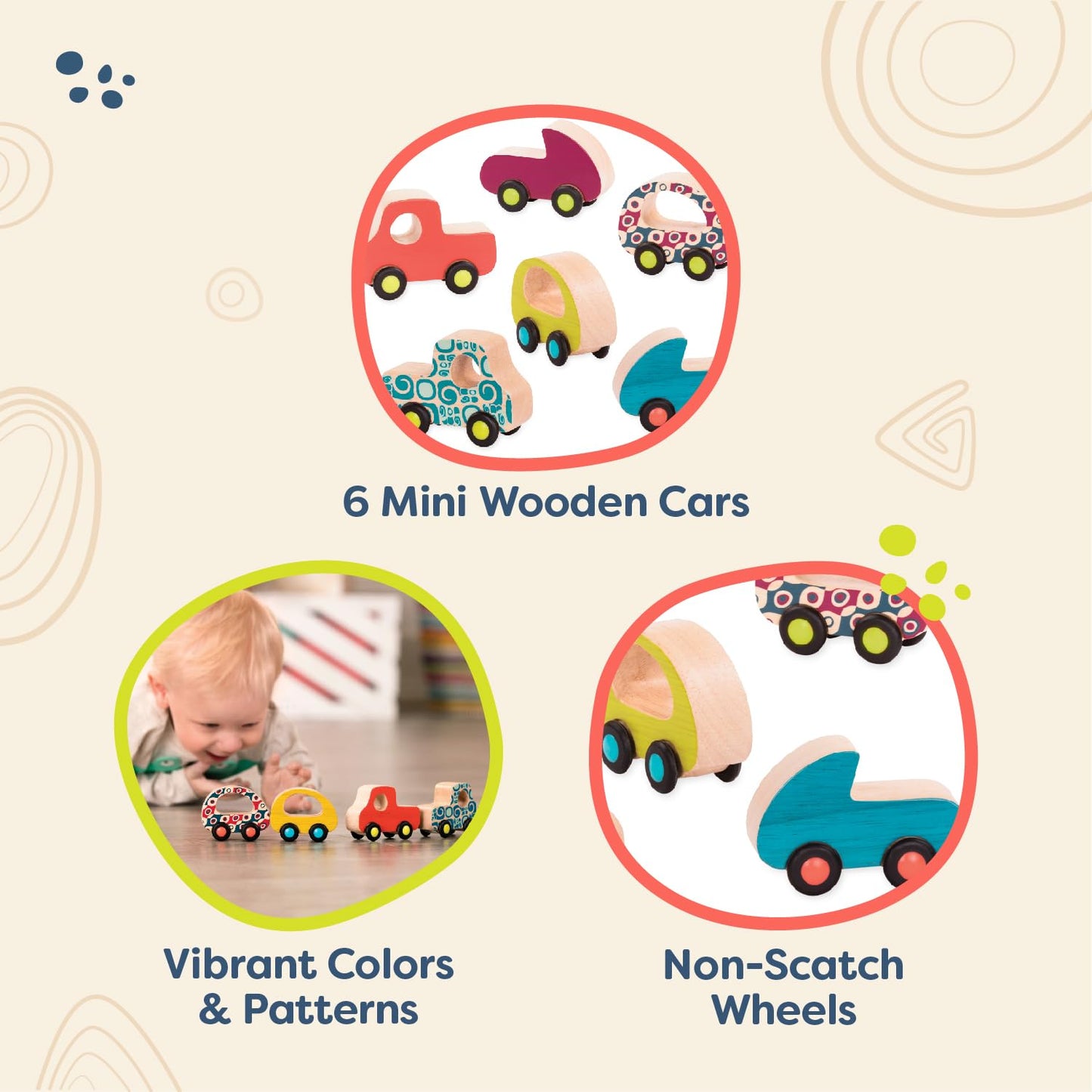 B. toys – Wooden Toy Cars Set with 6 Colorful Vehicles for Kids & Toddlers – Durable Trucks – Easy – Grip Kids Toys for Ages 1+