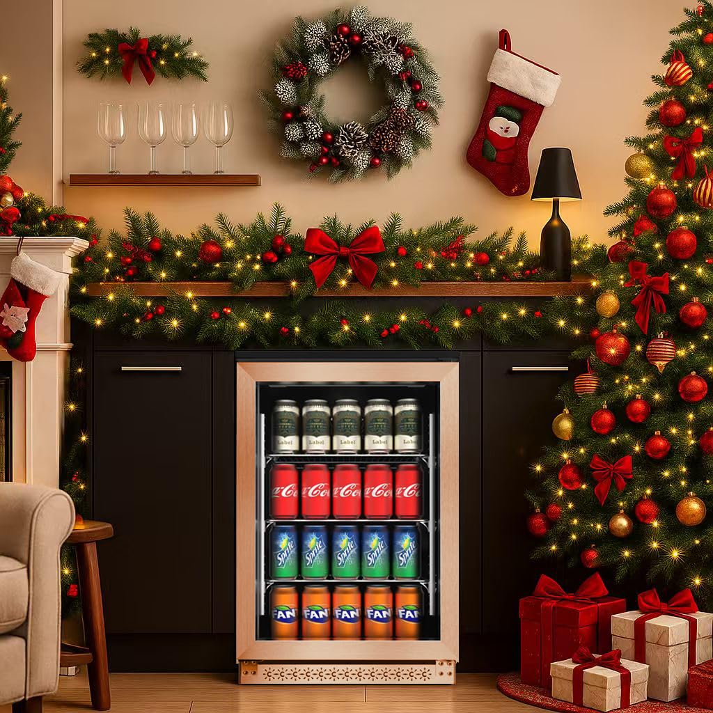 ChillFoce 20 Inch Under Counter Beverage Fridge with Glass Door, Beverage Refrigerator Cooler 120 Can,Built in or Freestanding,Fast Cooling,Quiet ≤39 dBs,Blue LED Light Cooler for Bar, Home, Office