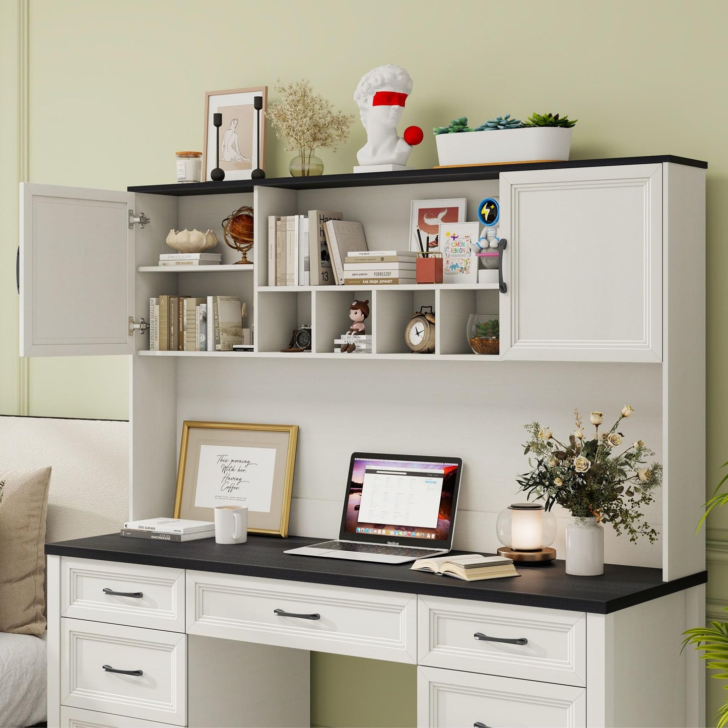 Vabches Farmhouse Executive Desk with 7 Drawers and Storage Cabinet, Rustic Large Home Writing Desk with Hutch, Workstation for Bedroom, Black