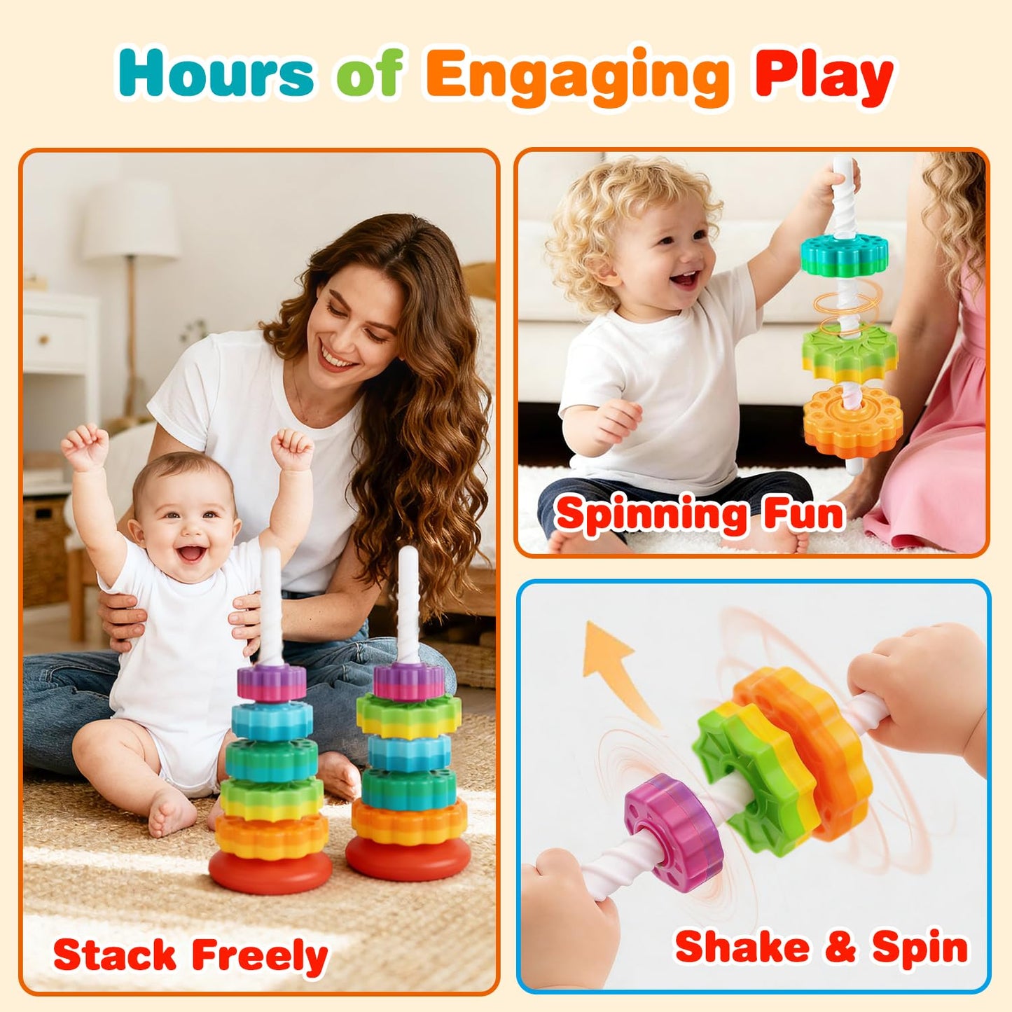 Eivaai Baby Spinning Stacking Toys Sensory Toys for Toddlers 1-3, Rainbow Ring Spin Montessori Toys for Babies 6-12 Months, Autism Learning Toy for 1 2 3 One Year Old Girl Boy Christmas Birthday Gifts