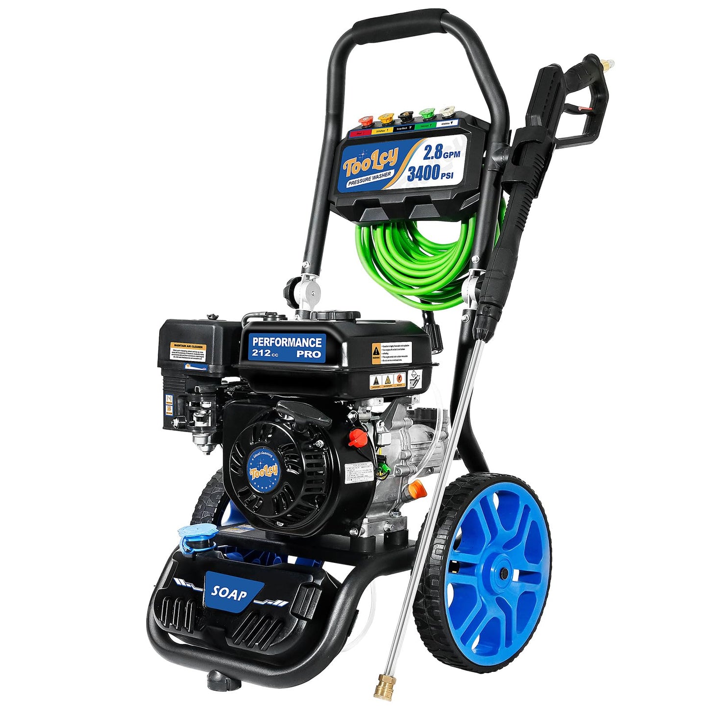 TOOLCY Gas Pressure Washer 3400 PSI & 2.8 GPM Max, High-Powered 212cc Engine, Enhanced Pump, 50FT Pressure Hose, Onboard Soap Tank, Foldable Handle, Kink-Less Swivel Spray Gun & 5 Nozzle Tips