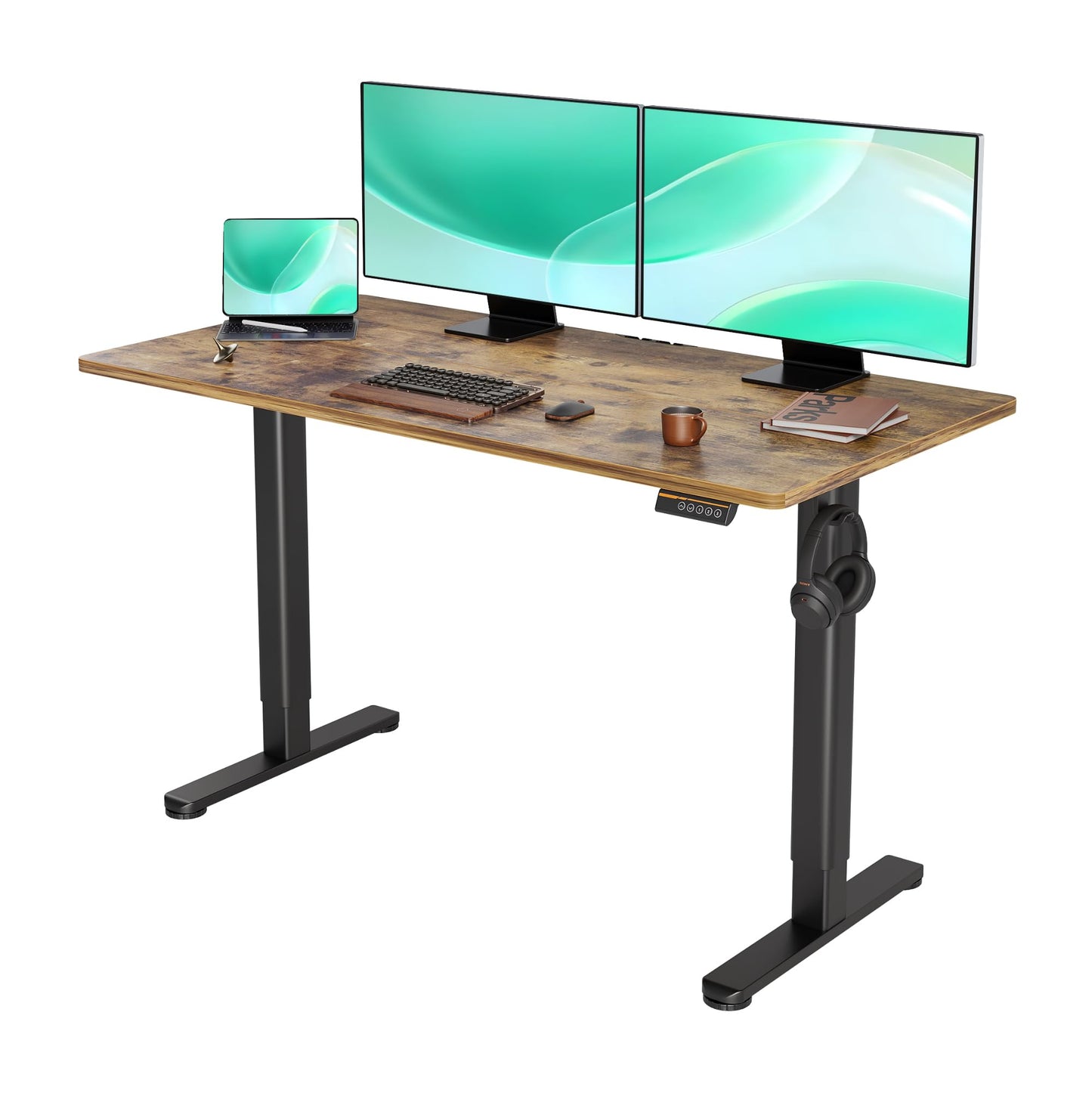 YDN Standing Desk, Electric Adjustable Height Stand up Desk, 55x24 Inches Sit Stand Home Office Desk with Splice Board, Rustic Brown Top