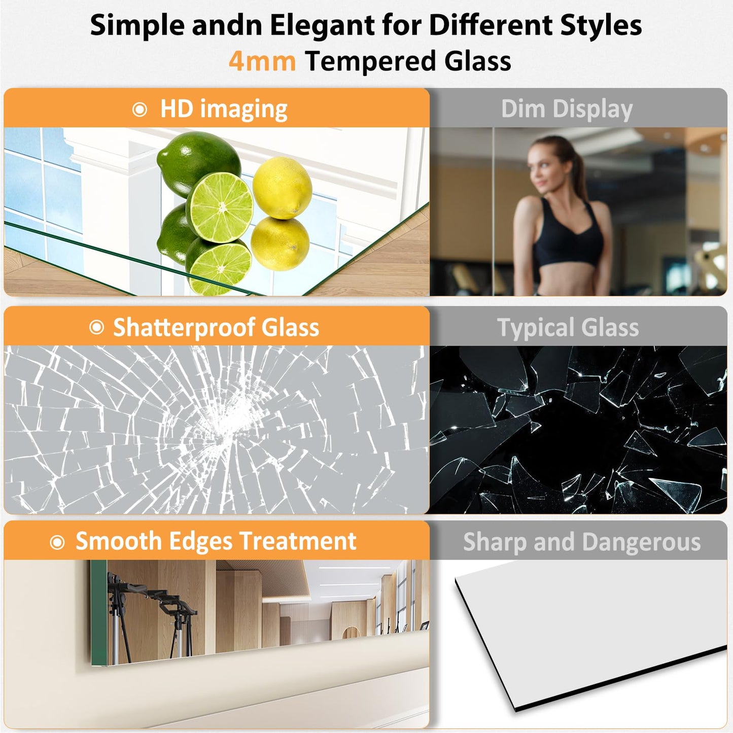STAWDY Home Gym Mirror,63''x24''(Each)-2PCS Large Frameless Full Body Wall Mirror Length Tempered Glass Mirror Wall-Mounted Mirror for Gym,Yoga,Bedroom,Bathroom,Exercise Room