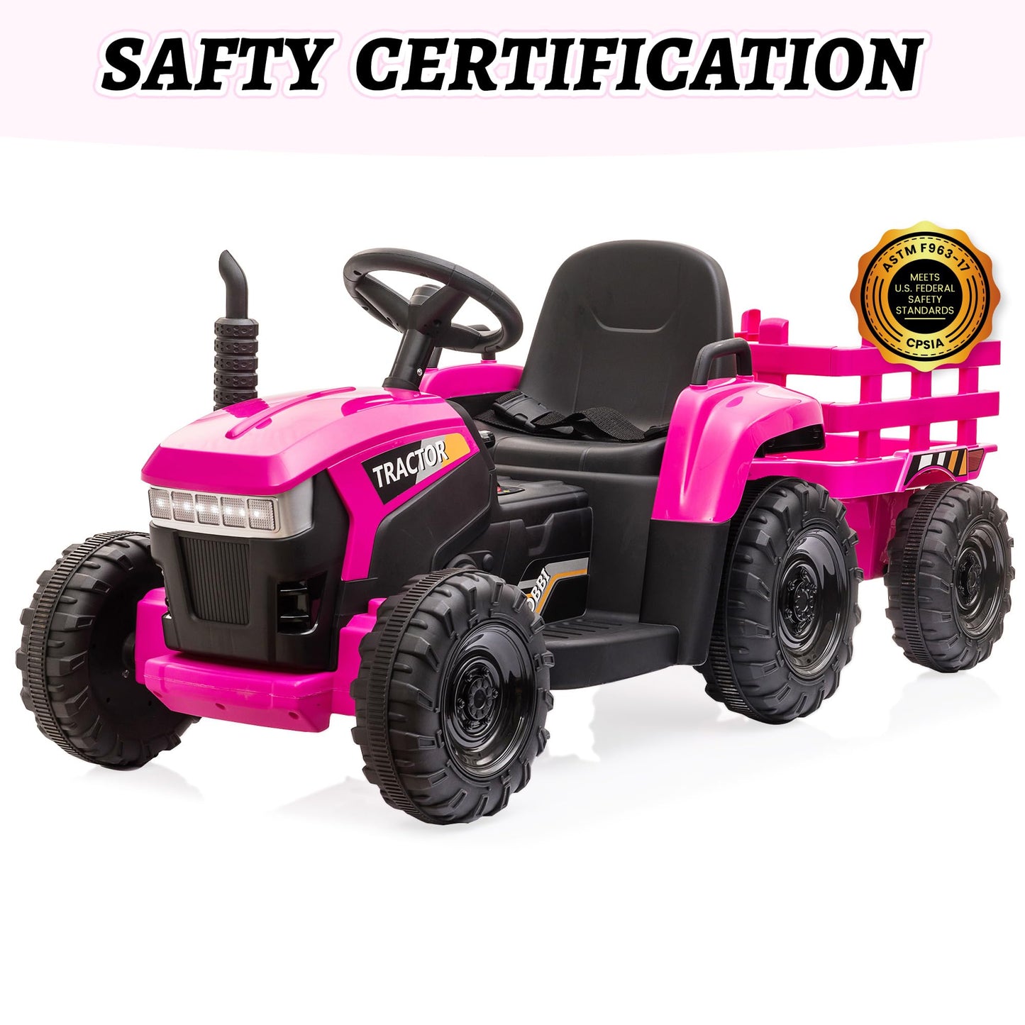 TOBBI Kids Electric Ride On Toy Tractor, Toddlers 12V Battery-Powered Car to Drive, 35W Dual Motor 6-Wheels Trailer Vehicle with 3-Speeds/LED & Horn Functions for Chirdren Aged 3-8-Pink