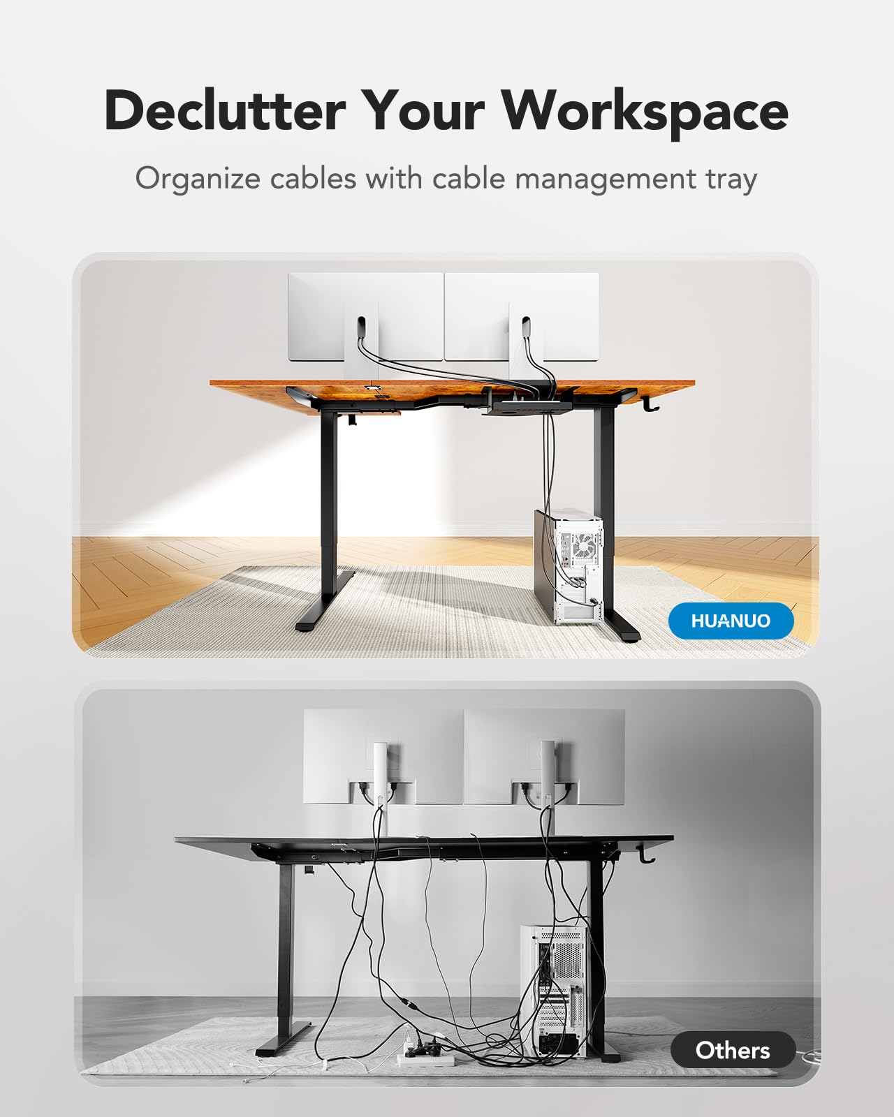 HUANUO 71x48 inch Dual Motor L Shaped Electric Standing Desk with 3 Preset Heights, Electric Height Adjustable Computer Table, 2 Hooks & Cable Tray, Raising Desk for Home Office, Vintage Brown