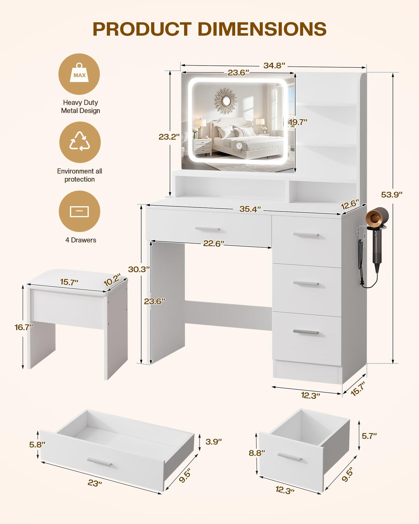LIVELYGLOW Makeup Vanity Desk with Smart LED Mirror & Charging Station, 35.4" White Vanity Table Set with Cushioned Stool, 4 Drawers & Hairdryer Rack, Modern Bedroom Dressing Table-White