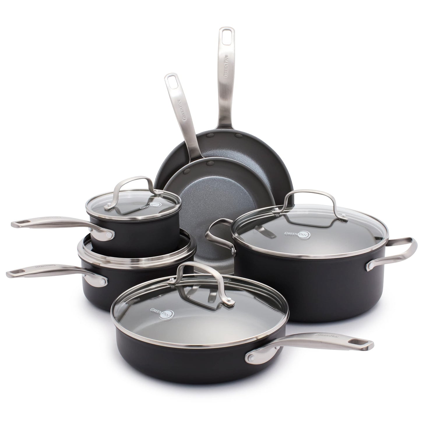 GreenPan Chatham Hard Anodized Healthy Ceramic Nonstick 10 Piece Cookware Pots and Pans Set, Frying Pan Skillets, Saucepans, Saute Pan, Stockpot, Lids, PFAS-Free, Dishwasher & Oven Safe, Gray