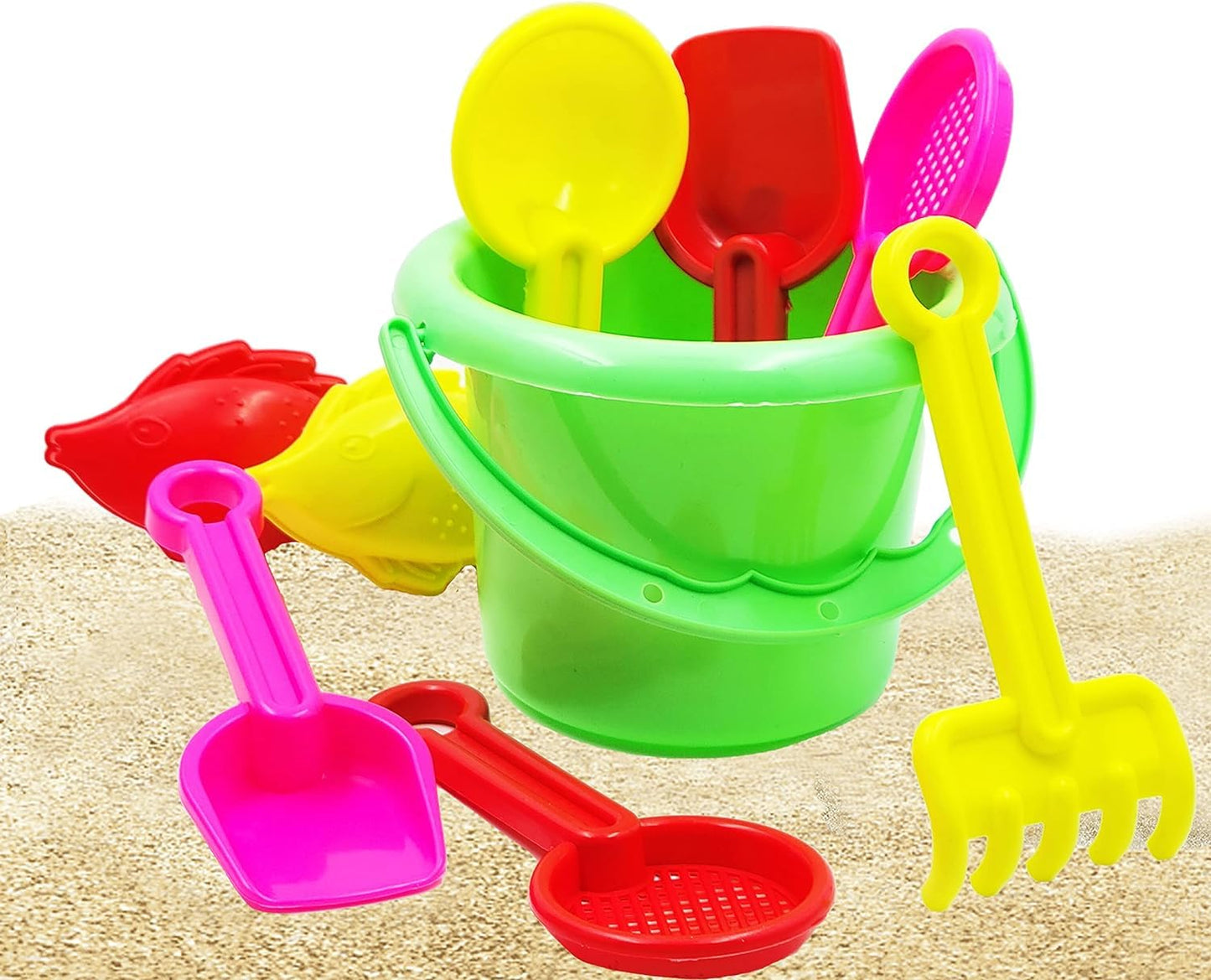 The Dreidel Company Mini Beach Day Playsets, 3.25" Sand Bucket Play Set Box Includes, Pail, Shovel, Rake, Sifter Scoop, Dolphin Fish Sand Trays Toy for Boys and Girls Birthday Party Favor (288-Pack)