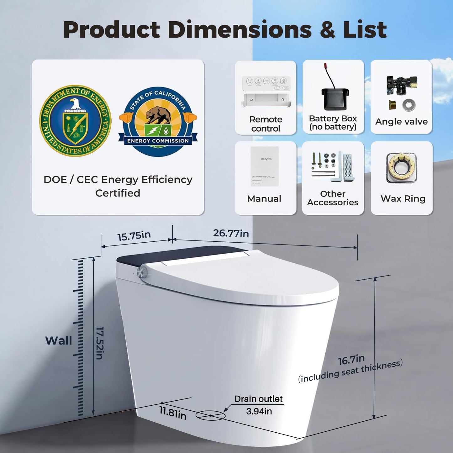 Bazyths Smart Toilet with Bidet Built in Tank, Auto Open Close Lid, 12" Rough In, Heated Seat Foot Sensor, Rear & Feminine Wash Warm Water Air Dryer Self Cleaning, One-Piece Elongated (ZY695A)