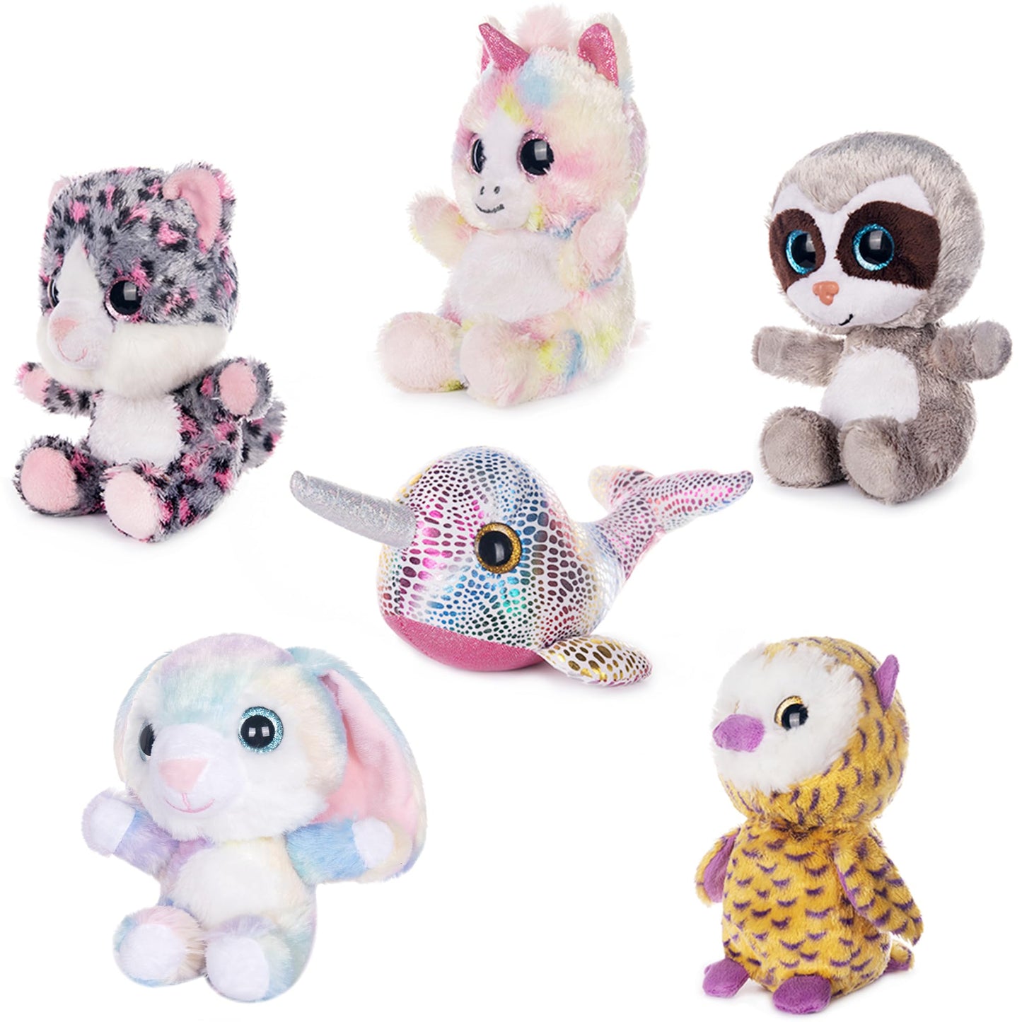 My OLi 7" Adorable Stuffed Animals Bulk - 6 Pcs Fairy Tale Plush Toys (Sloth, Unicorn, Rabbit, Narwhal, Owl, Cat) - Perfect Plushies for Babies Kids Girls & Boys