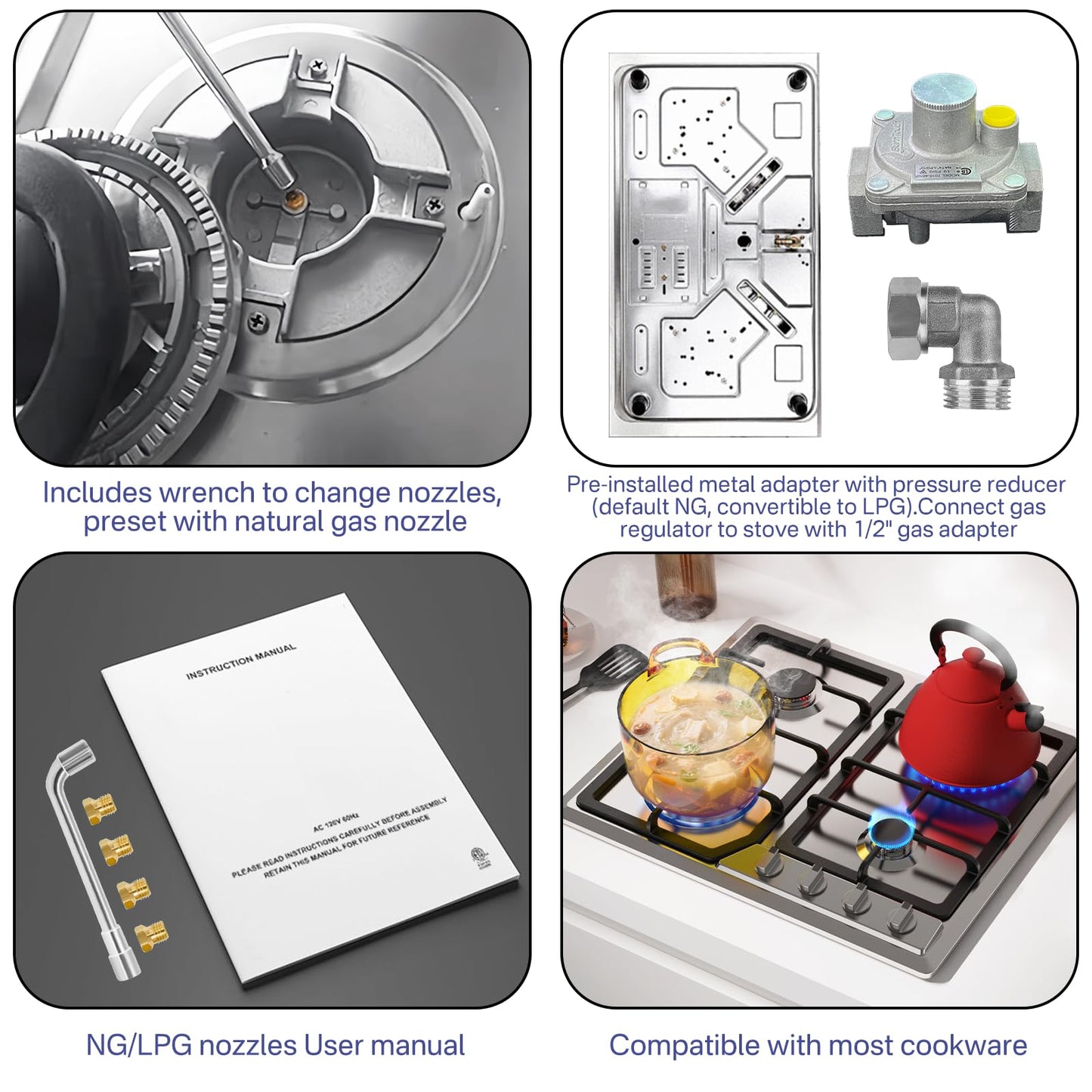 Nardea Gas Stove Top, 4 Burners LPG/NG Convertible Stainless Steel Gas Stove Top with Thermocouple Flameout Protection, Electric Ignition Built-in Countertop Hob for RV, Indoor & Outdoor Use