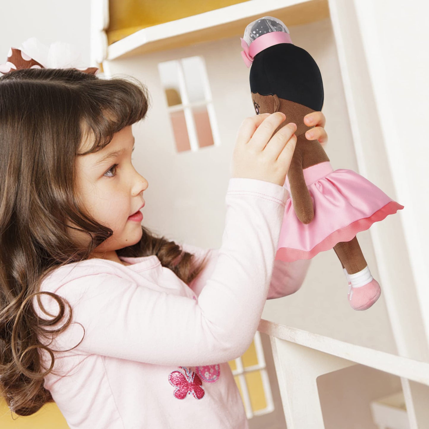 Maxshop Plush Dolls 17'' First Baby Doll for Kids Super Soft Plush Toy (Pink Dress Princess Black Doll)