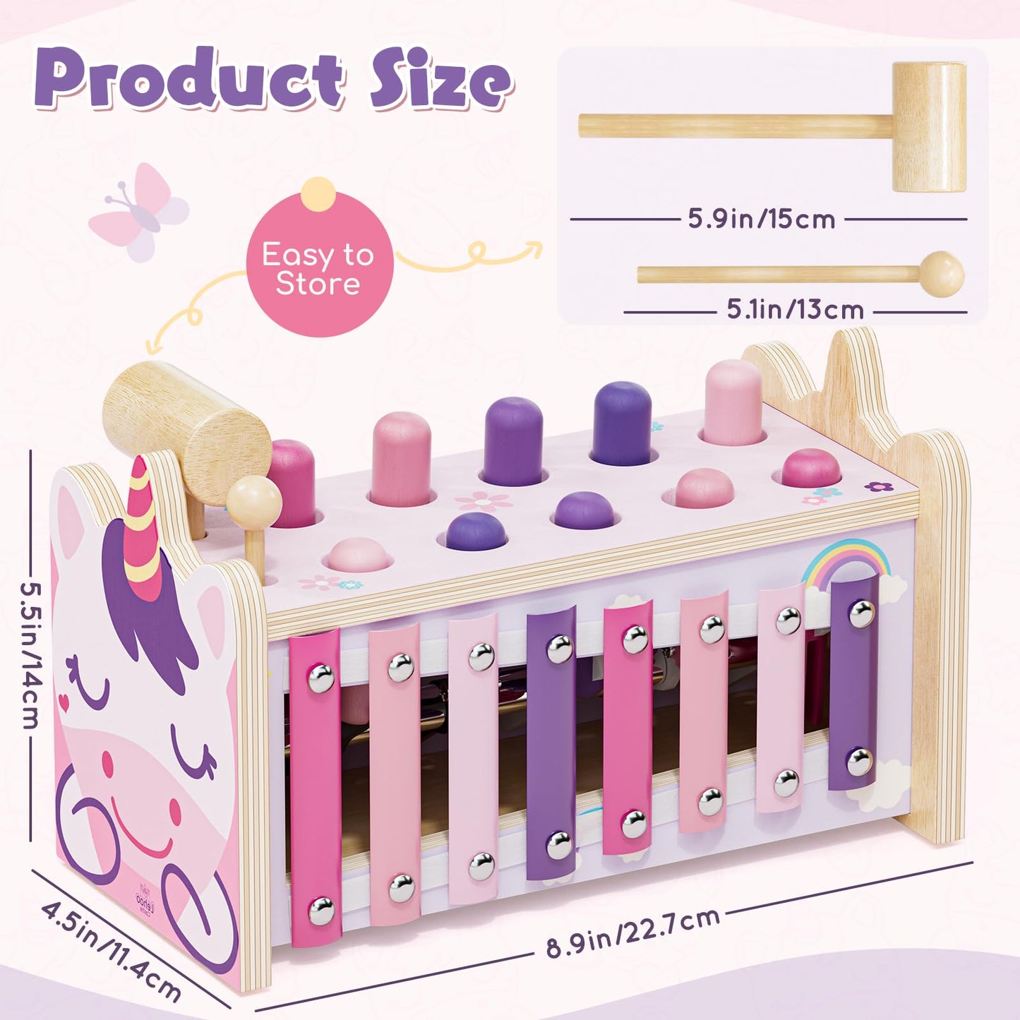 Lehoo Castle Baby Montessori Toys for 1 2 Year Old, Wooden Hammering Pounding Toy with Xylophone, Educational Learning Activities for 1 2 3 Year Old Girls First Christmas Birthday Gifts - Unicorn