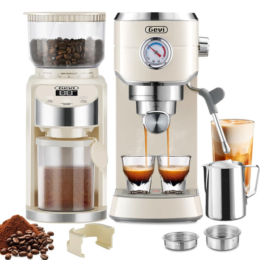 Gevi 20 Bar Espresso Coffee Machine with Burr Grinder Set | 35 Precise Grind Settings | Milk Frother for Latte Cappuccino | Professional Home Barista Kit | Gift for Coffee Lovers