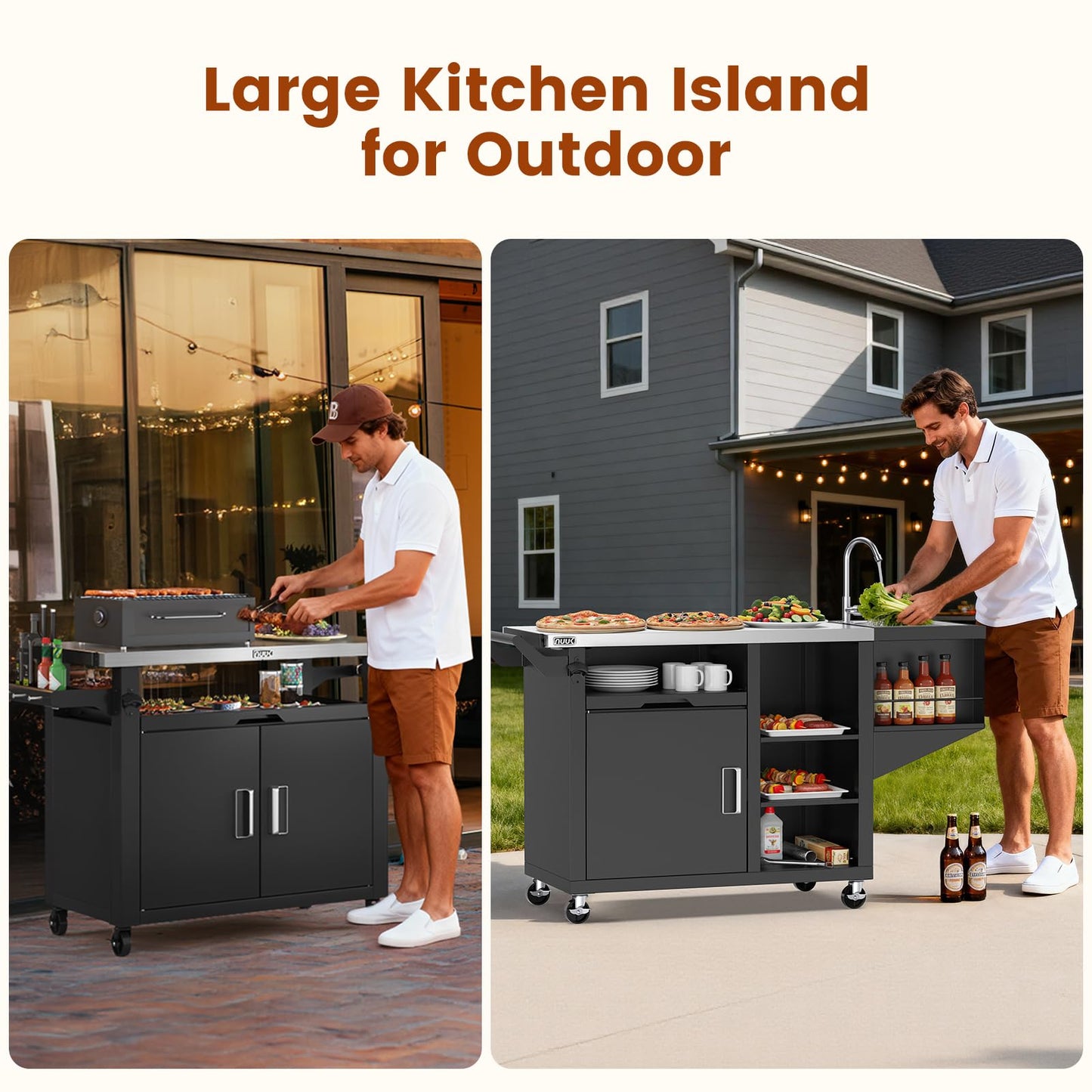 NUUK Outdoor Grill Cart on Wheel, Pizza Oven Table with Sink & Storage, 20"x42" Stainless Steel Prep Table Kitchen Island Cabinet for Backyard BBQ