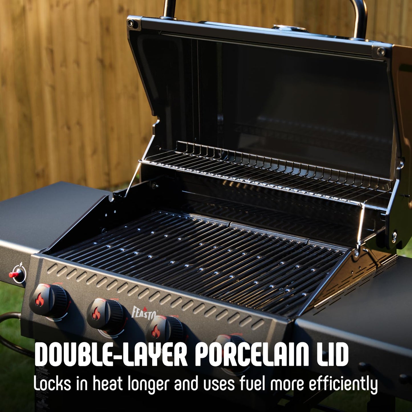 Feasto 4 Burner Gas Grill, 36,000 BTU Outdoor BBQ Grill with Side Table for Outdoor Cooking & Backyard Barbecue, Premium Enameled Coated Chamber Body with Porcelain-Enameled Grates, Black