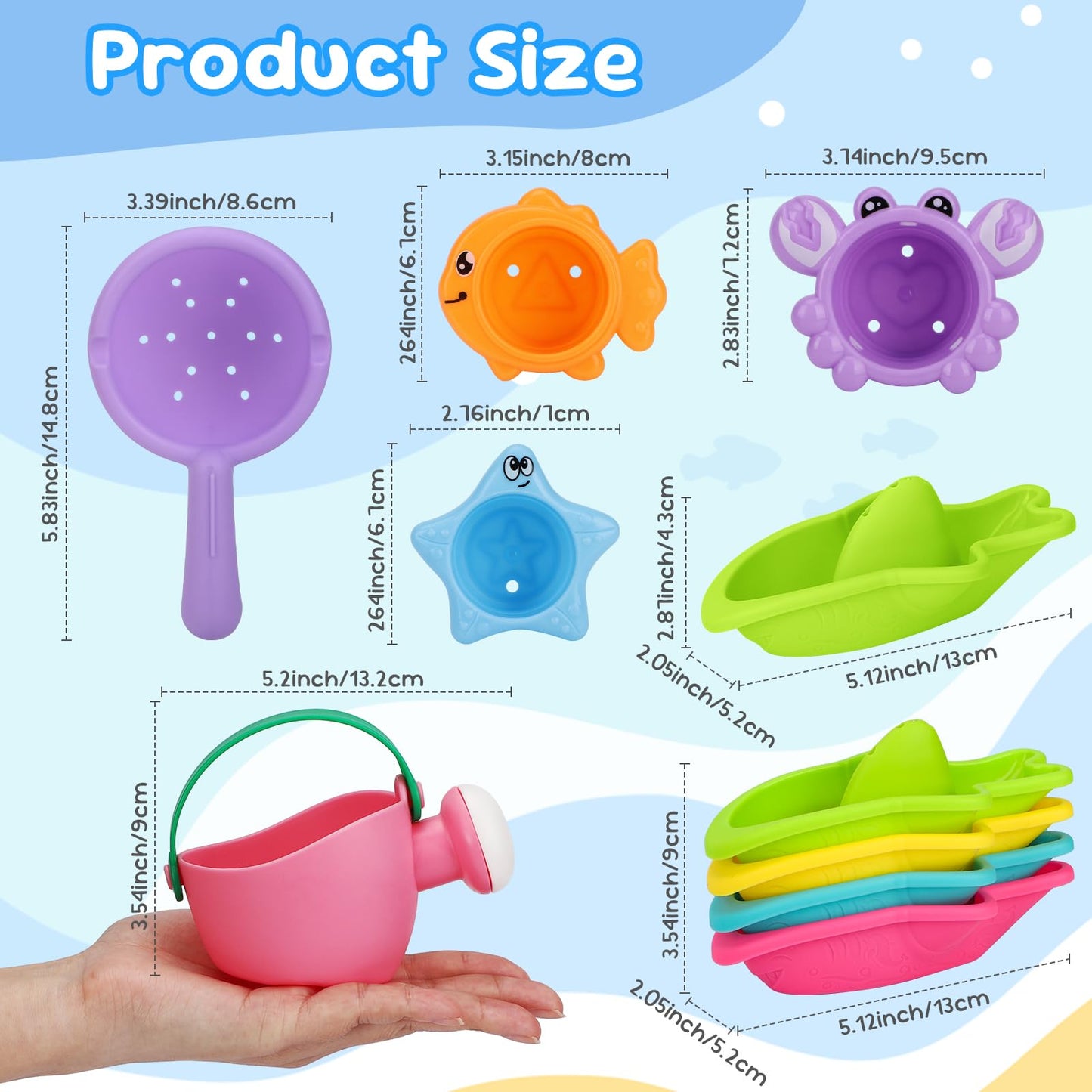 Fajiabao Baby Bath Toys for Kids Ages 1-3 Toddler Bath Toys Mold Free for 2-4 Bathtub Sand Beach Pool Water Toys for 1+ Year Old Girl Gifts 9 PCS (Color Random)
