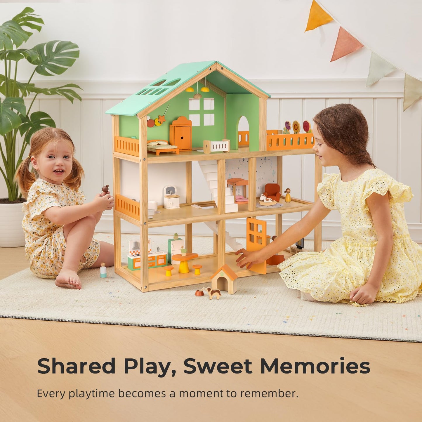 OOOK Large Wooden Dollhouse with 42 Pcs Luxurious Furniture Accessories, 3-Story Doll House 6 Rooms Balcony Wooden Stairs, Ideal Modern Doll House for 3 Year Old