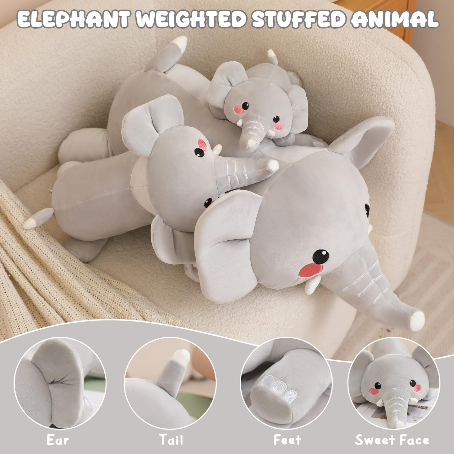 TOYSYM Weighted Stuffed Animals, 3.74 lbs Elephant Stuffed Animal with Weighted Beads, Cute Plush Toy Pillow Gifts for Adults Kids Boys Girls