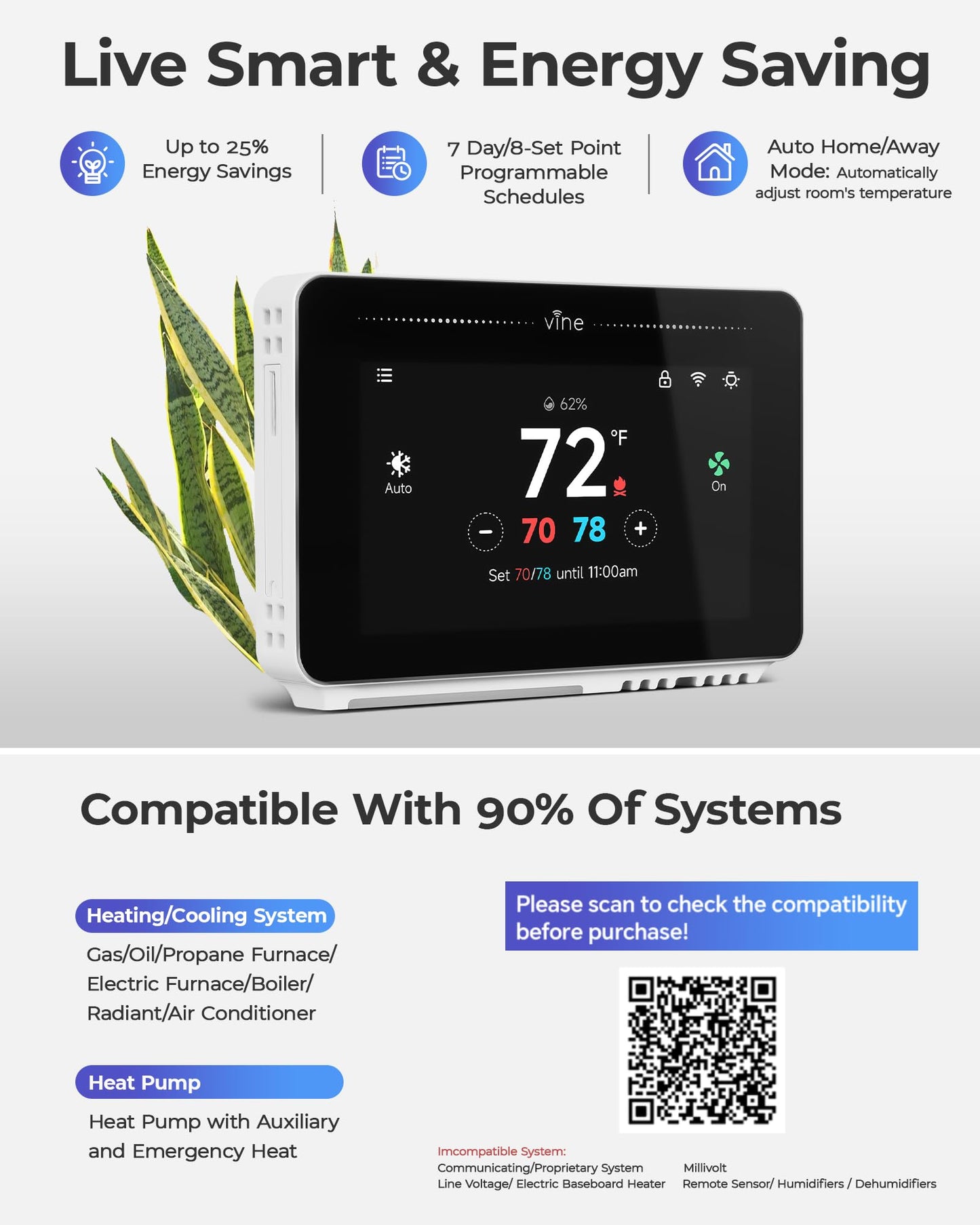 Vine Smart Thermostat for House with Nightlight, 4.3 Inches WiFi Thermostats for Home Compatible with Alexa and Google Assistant, 7day x 8period Programmable, C-Wire Required