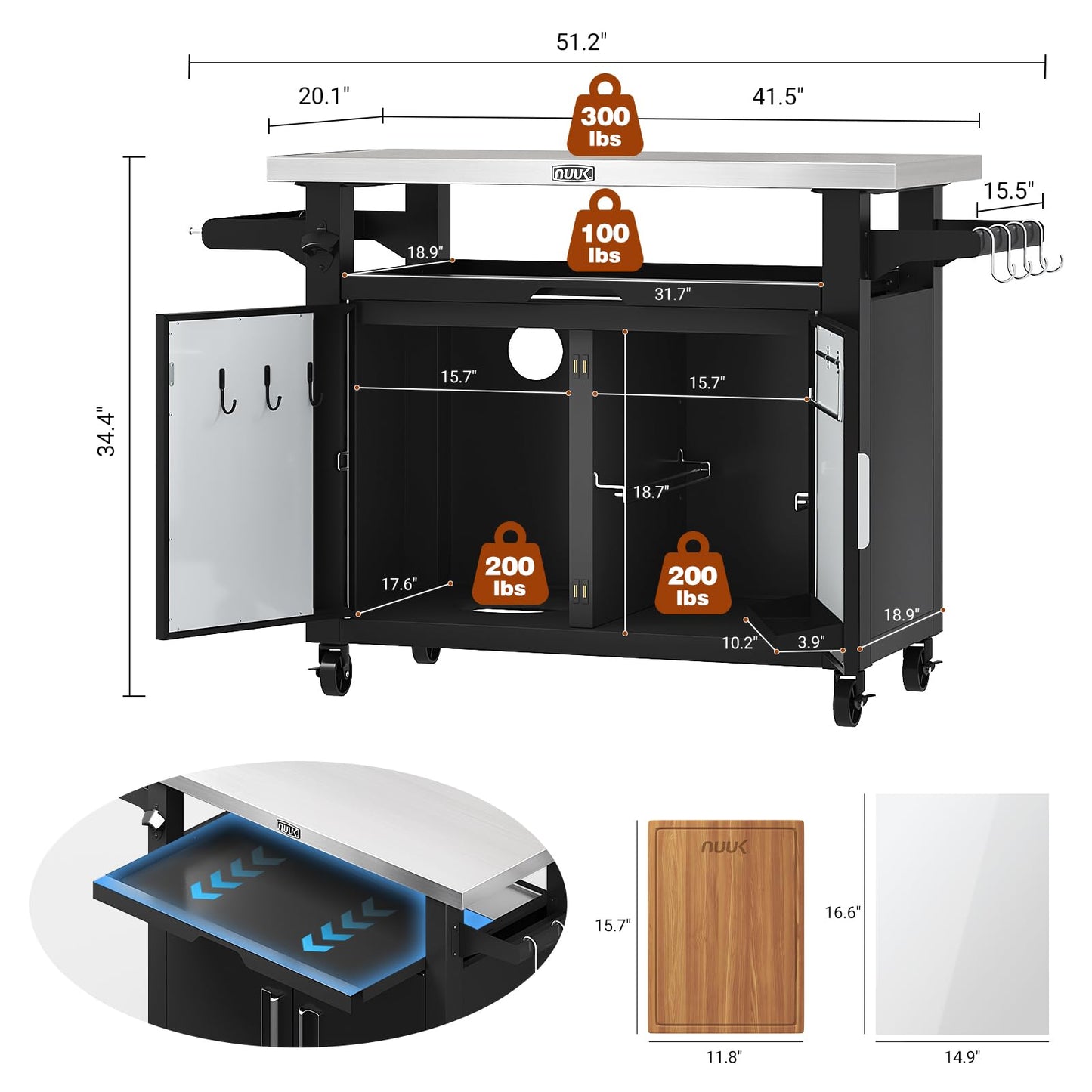 NUUK Outdoor Grill Cart with Storage Cabinet Metal Kitchen Island Prep Table with Movable Universal Wheels and Stainless Steel Top