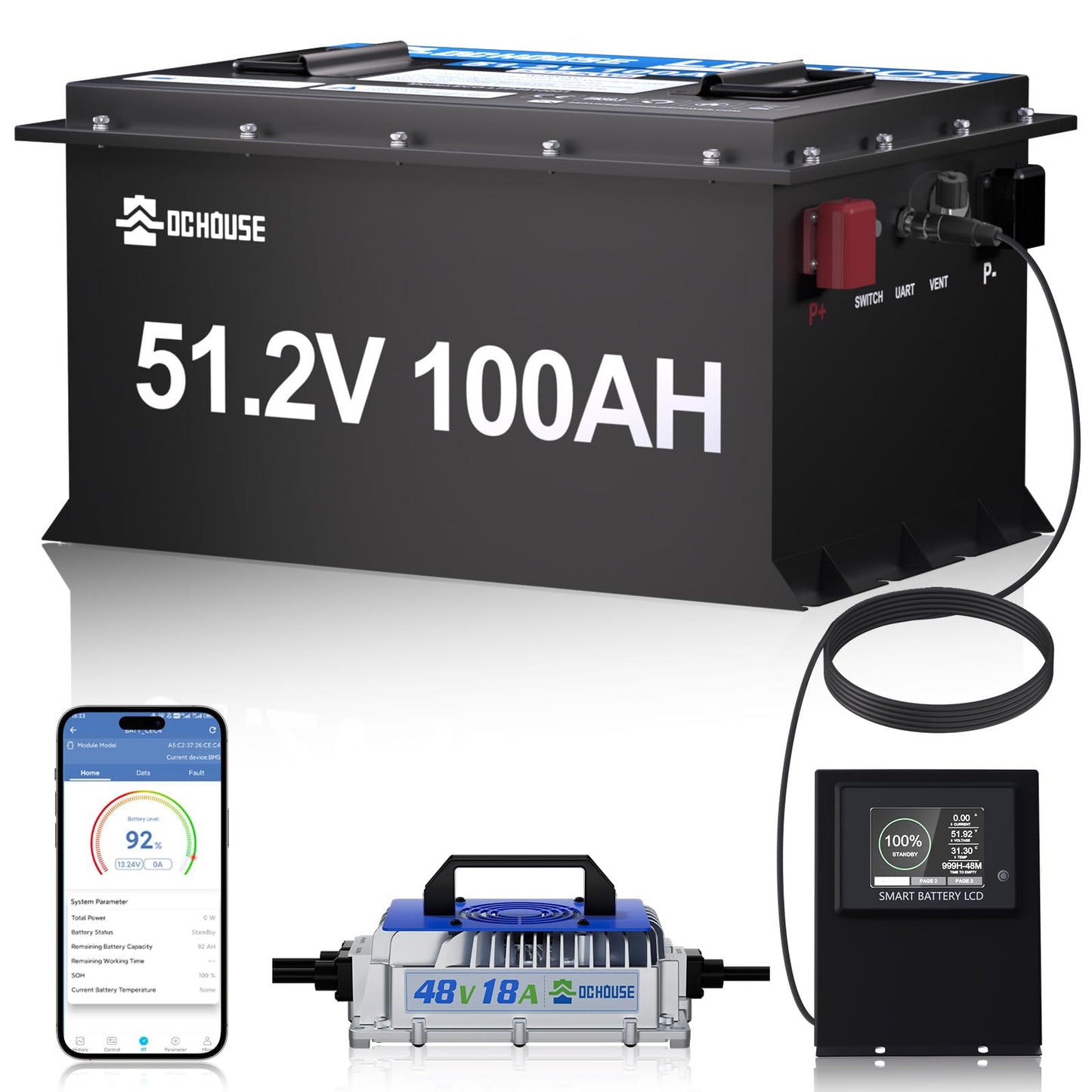 DC HOUSE 48V 100Ah Lithium Golf Cart Battery, Sturdy Metal Case Lifepo4 Battery with 48V 18A Charger, Bluetooth Mobile APP &Touch LCD Monitor, Built-in Smart 200A BMS, Peak Current 1000A Max