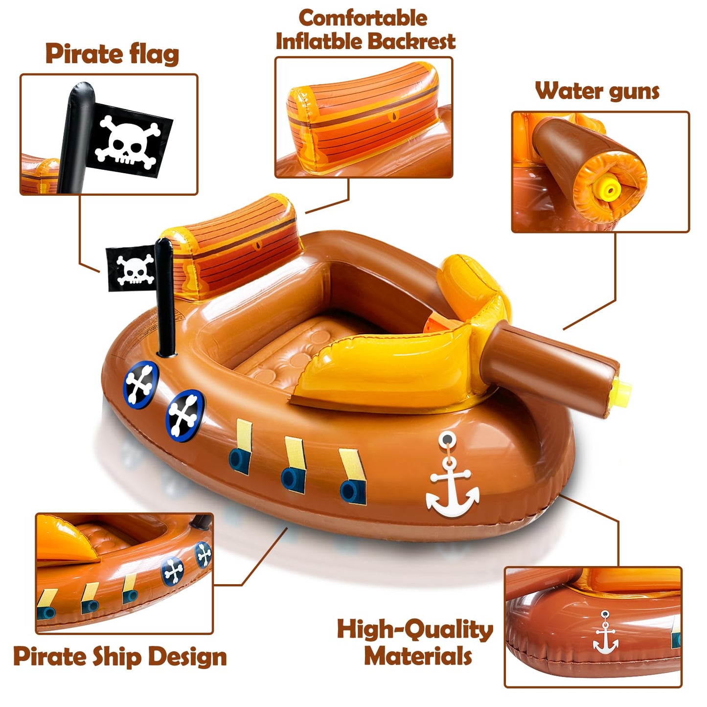 Inflatable Pirate Ship Pool Floats Kids 3-11 Years Toddler Pool Floaties with Water Cannon Gun Swimming Pool Toys Boys Girls Party Float Ride-on Floaty Rafts with Safety Seat Summer Outdoor Water Game