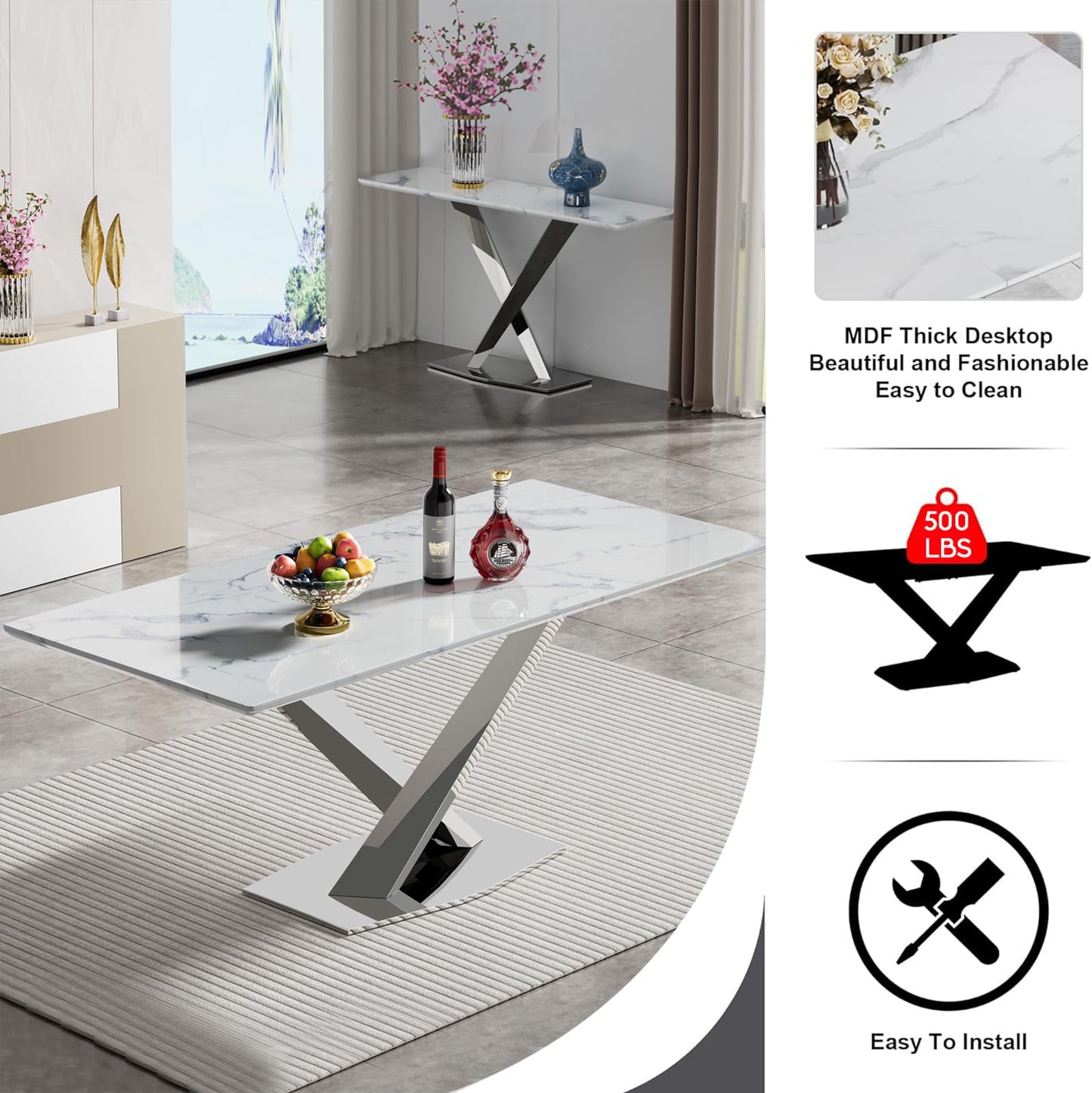Pvillez 7 Piece Faux Marble Dining Table Set for 6, 70" White Silver Kitchen Table Set with X-Shape Stainless Steel Base, Modern Dining Room Table Set with 6 Black Velvet Chairs for Kitchen Dining