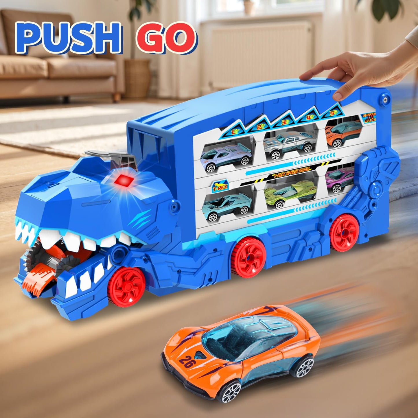 Dinosaur Transport Car Race Track Toy Set for Kids - Monster Carrier Truck Toys for Age 3 4 5 6 7 8 9 10 11 12 Years Old Boy Christmas Birthday Gifts with Die-Cast Metal Toy Cars, Light & Sound