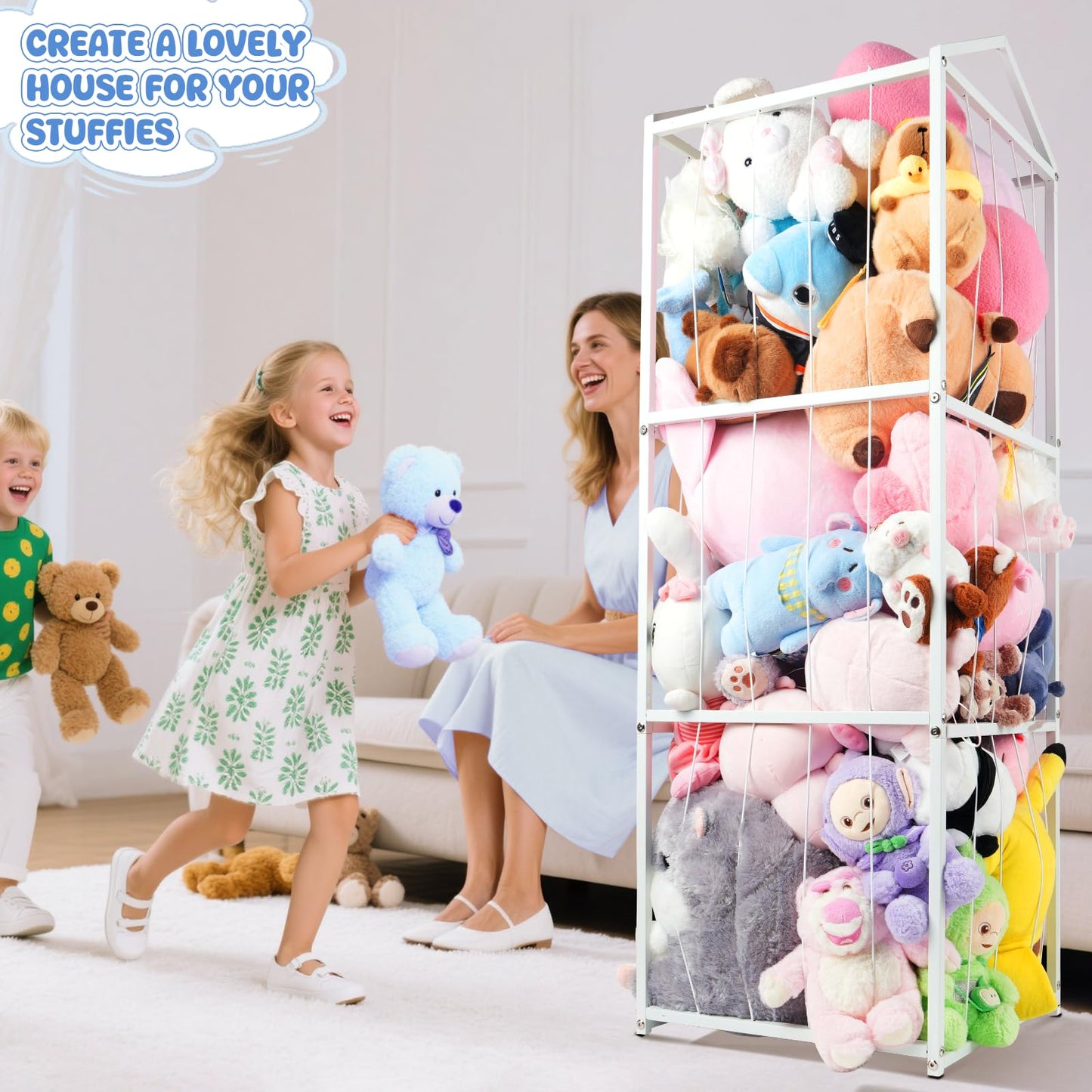 NomNest Stuffed Animal Storage Zoo, Large Carbon Steel Plushies Organizer, Heavy Duty Metal Teddy Bear Toy Holder for Kids' Bedroom & Playroom & Nursery (Non-Wheeled, White)