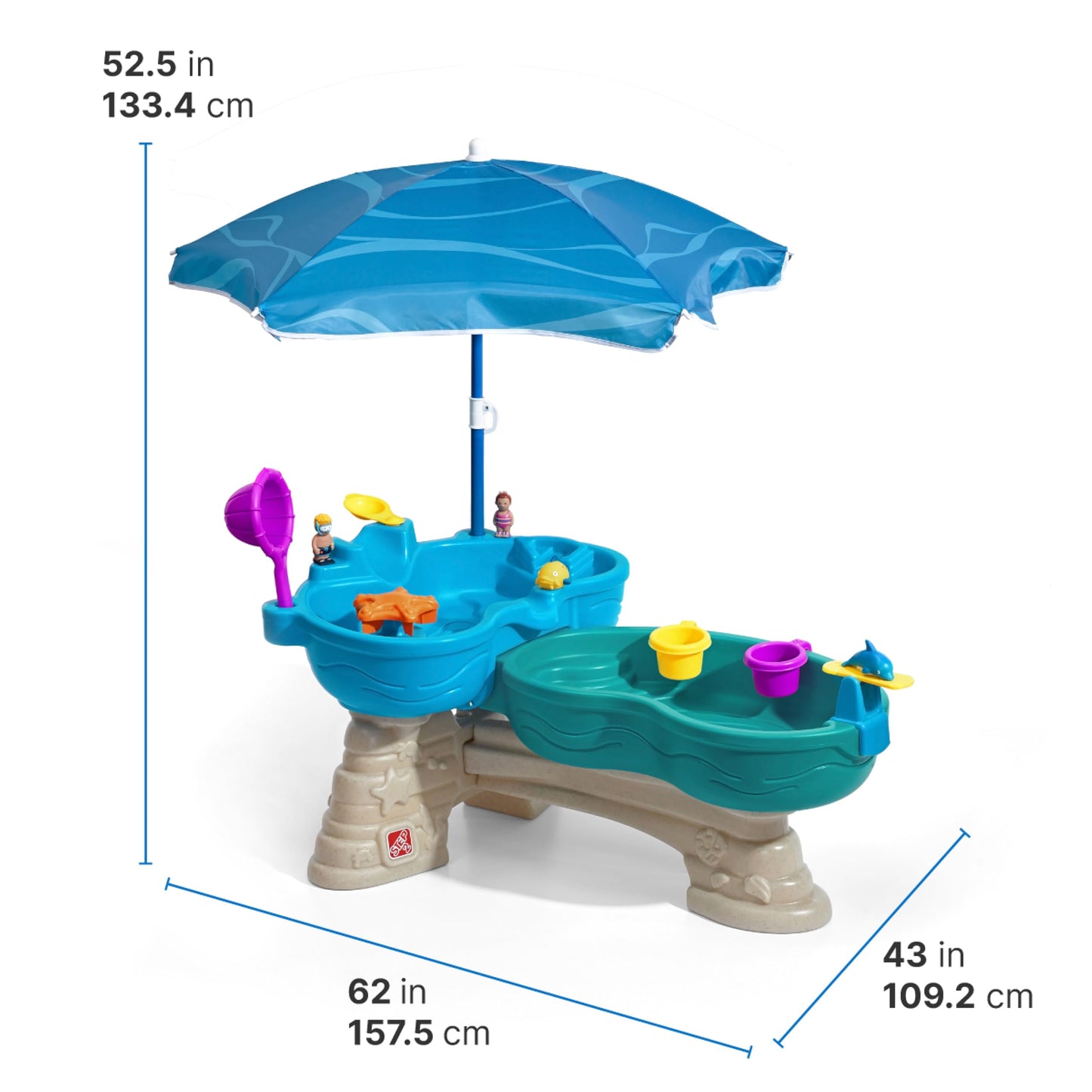 Step 2 Spill & Splash Seaway Water Table for Kids, Two-Tier Outdoor Kids Water Sensory Table with Umbrella, Ages 1.5+ Years Old, 11 Piece Water Toy Accessories