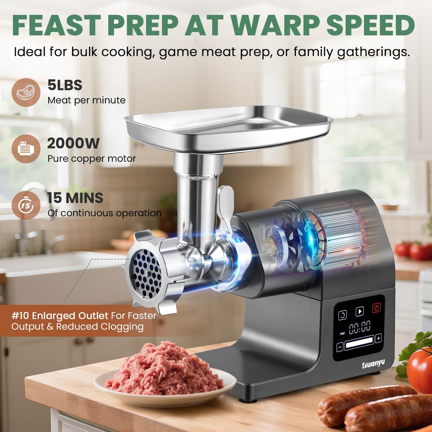 Electric Meat Grinder 2000W Heavy Duty, Touchscreen Control with 2 Blades, 3 Plates, Sausage Stuffer & Kubbe Kit, #10 Size for Home Use