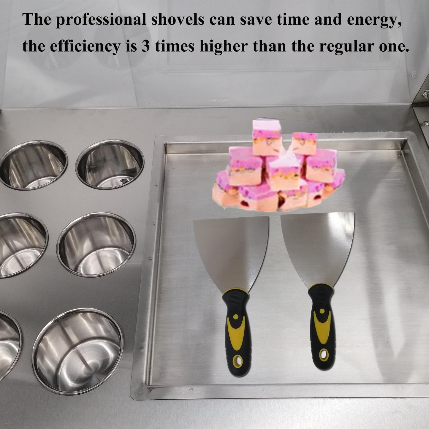 HQHAOTWU Stainless Steel Fried Ice Cream Maker Machine Commercial Rolled Icecream Maker Electric Single Square Pan Fried Yogurt Cream Machine with 6 Buckets, Lamp and Dust Cover 110V
