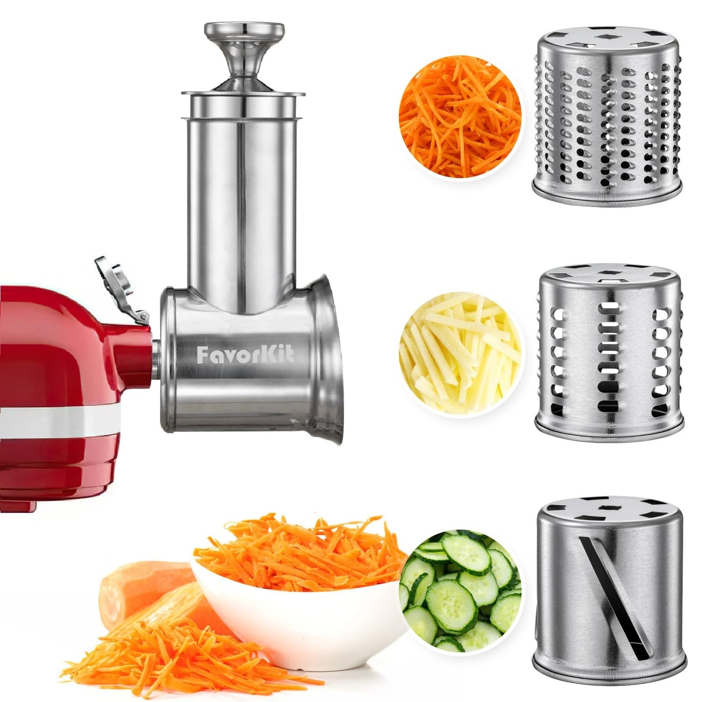 FavorKit Slicer Shredder Attachment for KitchenAid Mixers, Stainless Steel Cheese Grater Salad Maker Accessories with 3 Cutting Blades,Dishwasher Safe!