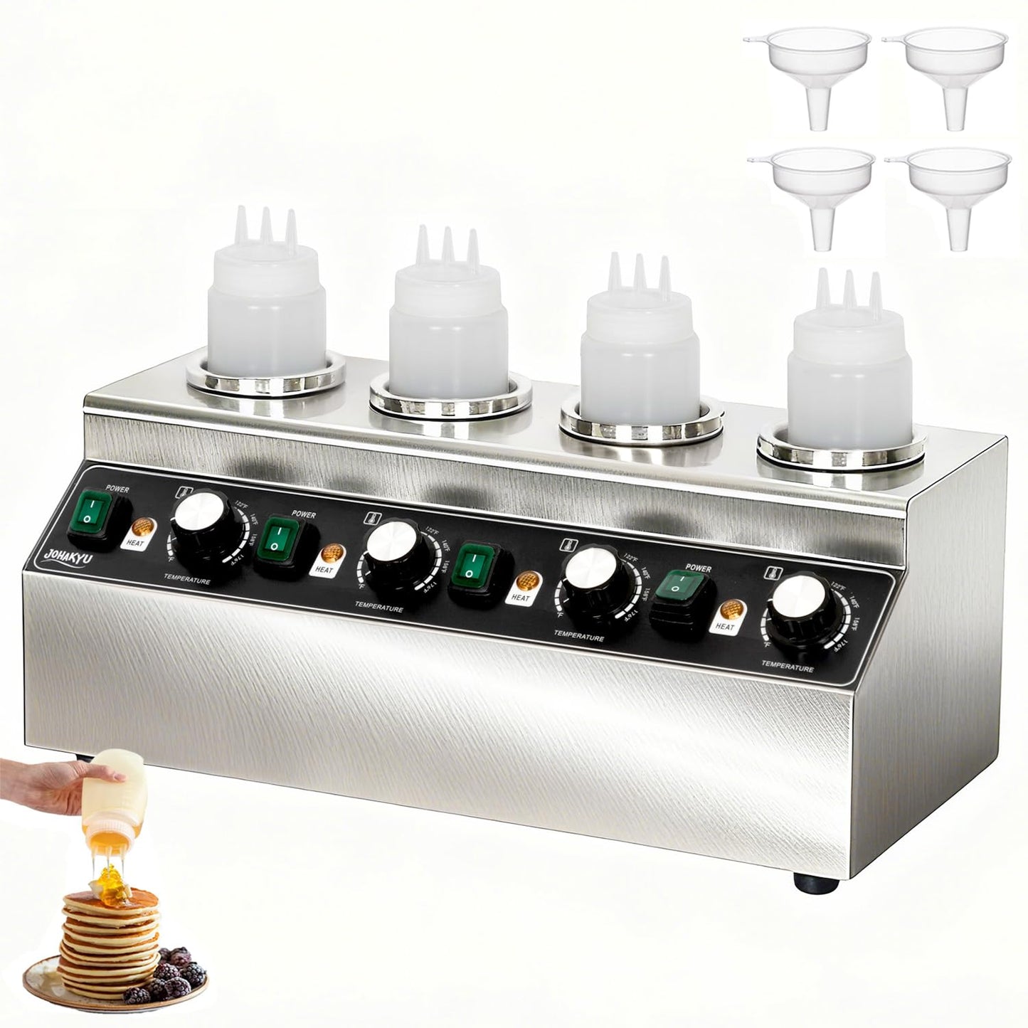 JOHAKYU Commercial Electric Sauce Warmer Dispenser – Stainless Steel Countertop Hot Fudge/Nacho Cheese Warmer with 4×650ml Squeeze Bottles and 4 Funnels (4 Grids)