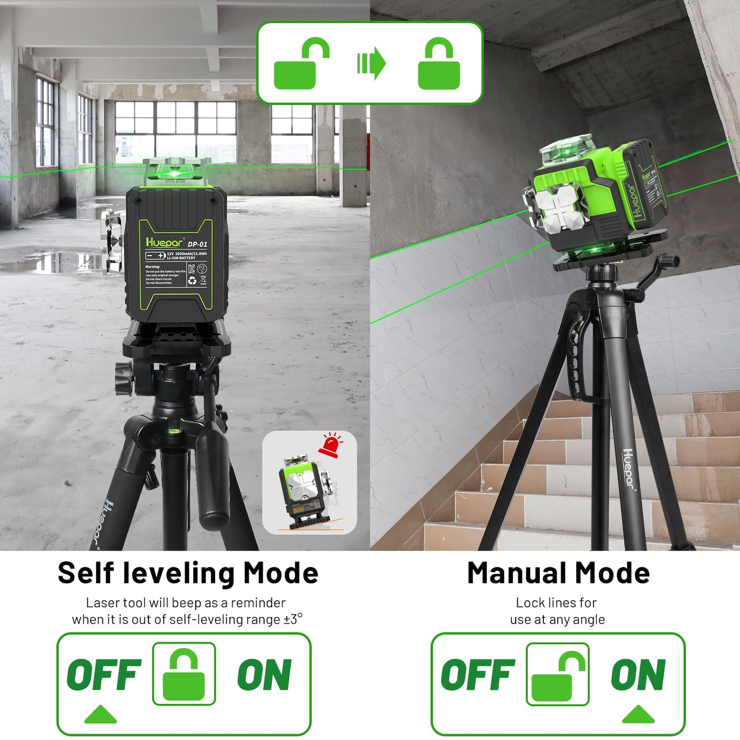 Outdoor Laser Level 360 Self leveling with Laser Level Receiver, 4x360 Green Cross Line Laser with Bluetooth, Huepar P04CG＆LR-8RG, Laser Class: Class II (IEC/EN60825-1/2014), 1mW power output